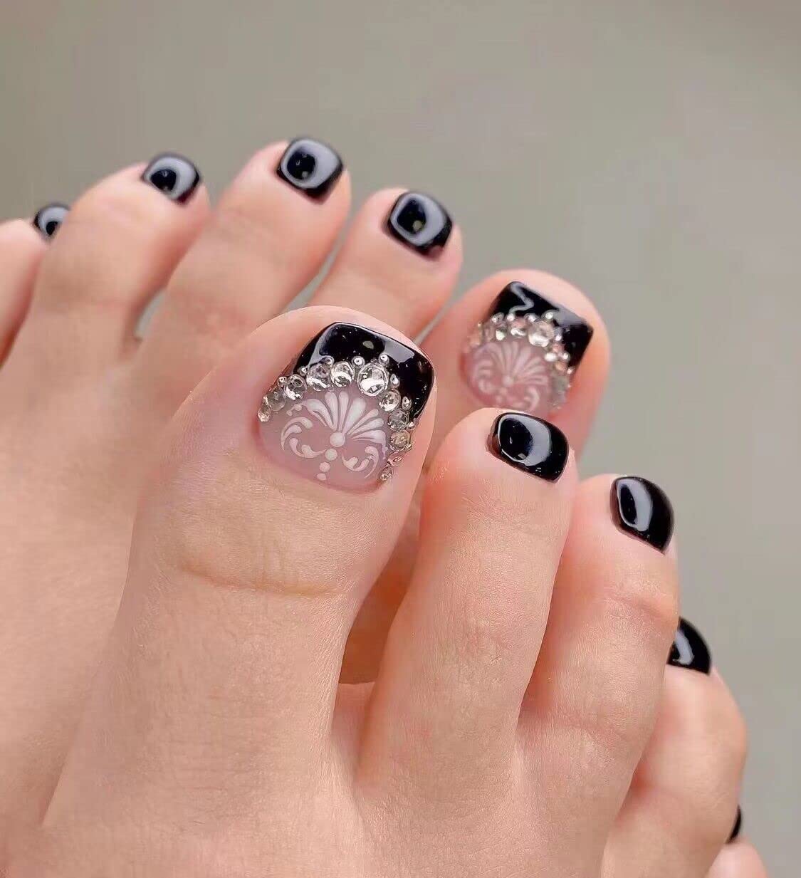 24pcs Black Press on Toenails - Square Fake Nails with French Tips & Floral Rhinestone Designs | Full Cover Acrylic Stick on Toes for Women & Girls | Perfect for Pedicures, Parties, Vacations & Summer Nail Looks