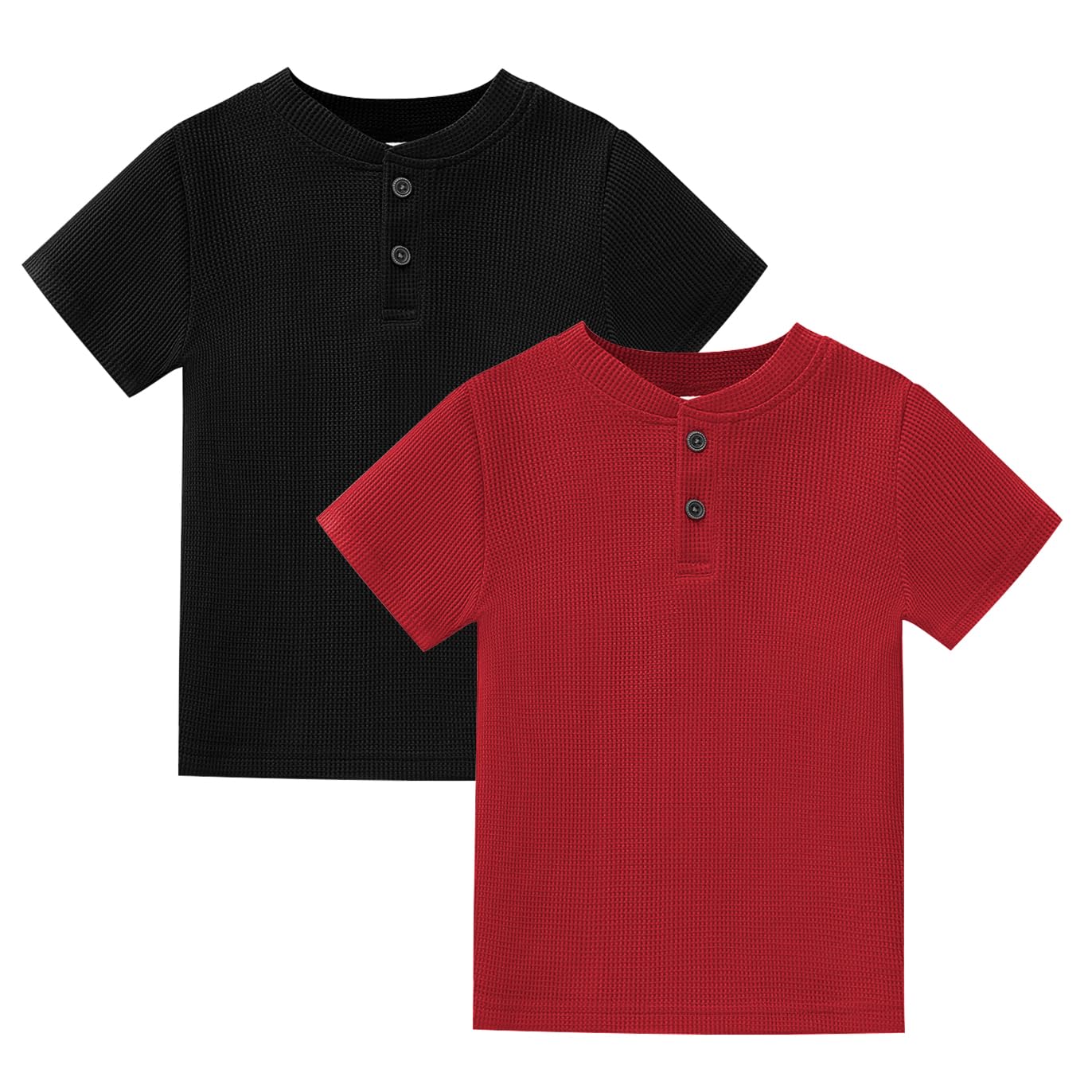 XMWEALTHY Baby Boys' 2-Pack Waffle Knit Short Sleeve Henley Shirts - Soft Cotton Toddler Tops for Playdates & Everyday Wear