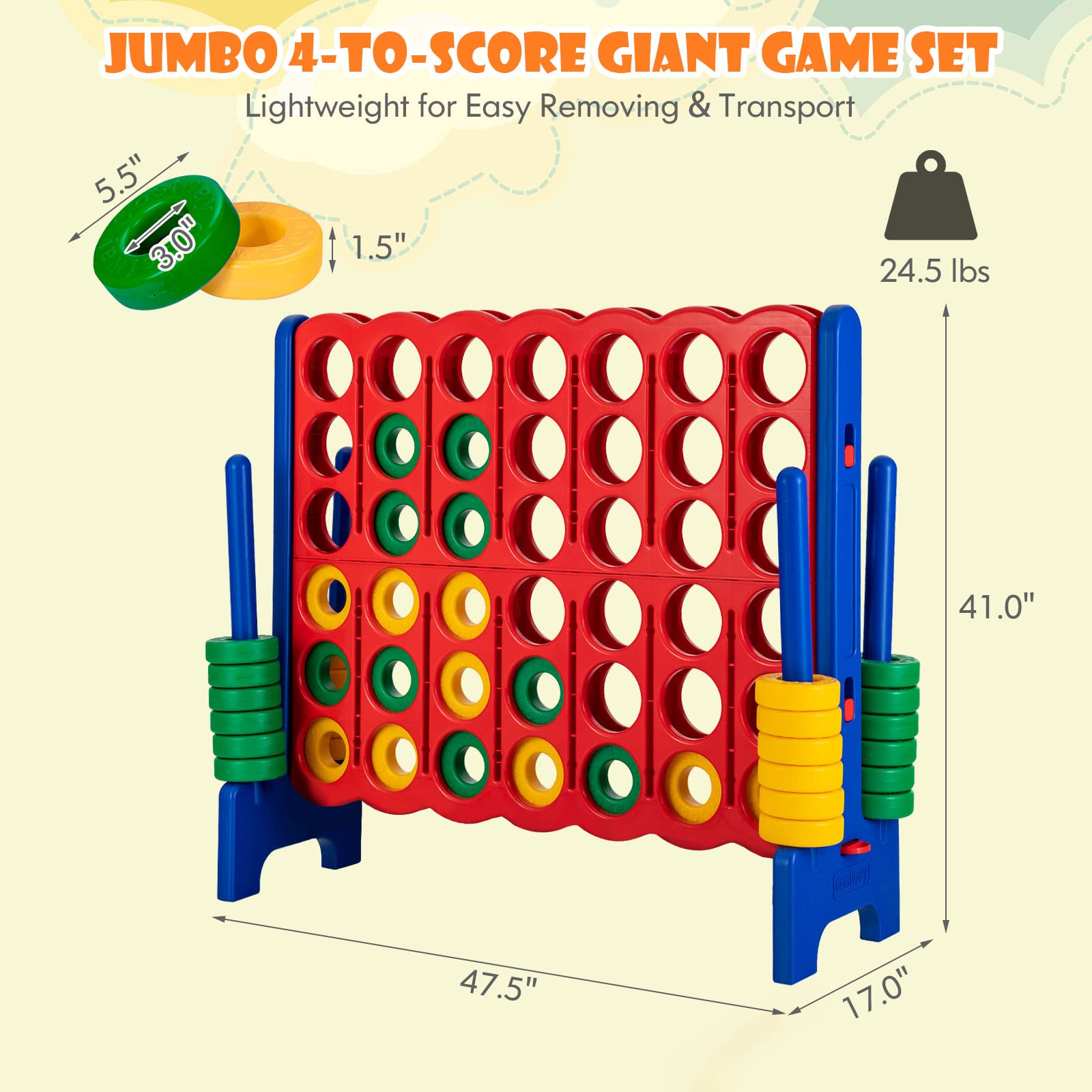 HONEY JOY Jumbo 4-to-Score Giant Game Set - Outdoor Yard Games for Family & Friends - 42 Large Rings with Quick-Release Slider - 3.5FT Tall 4-in-A-Row Connect Game for Kids & Adults - Perfect for Backyard Parties, Picnics, and Outdoor Gatherings