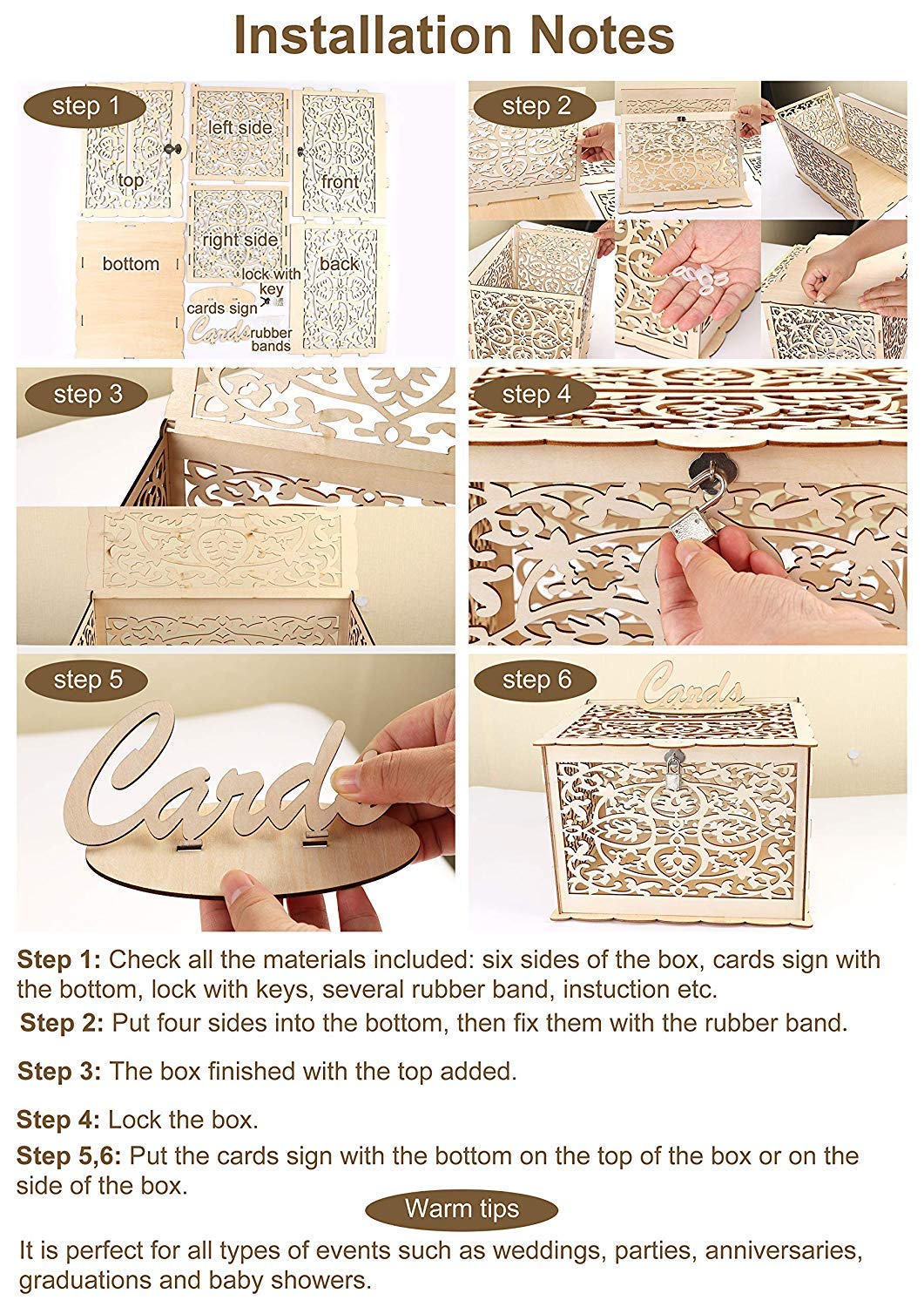 DIY Wedding Card Box with Lock - Rustic Wooden Gift Card Holder for Weddings, Baby Showers, Birthdays, Anniversaries & Graduations | Holds 225 Cards | Perfect for Reception Tables, Gift Display & Special Events