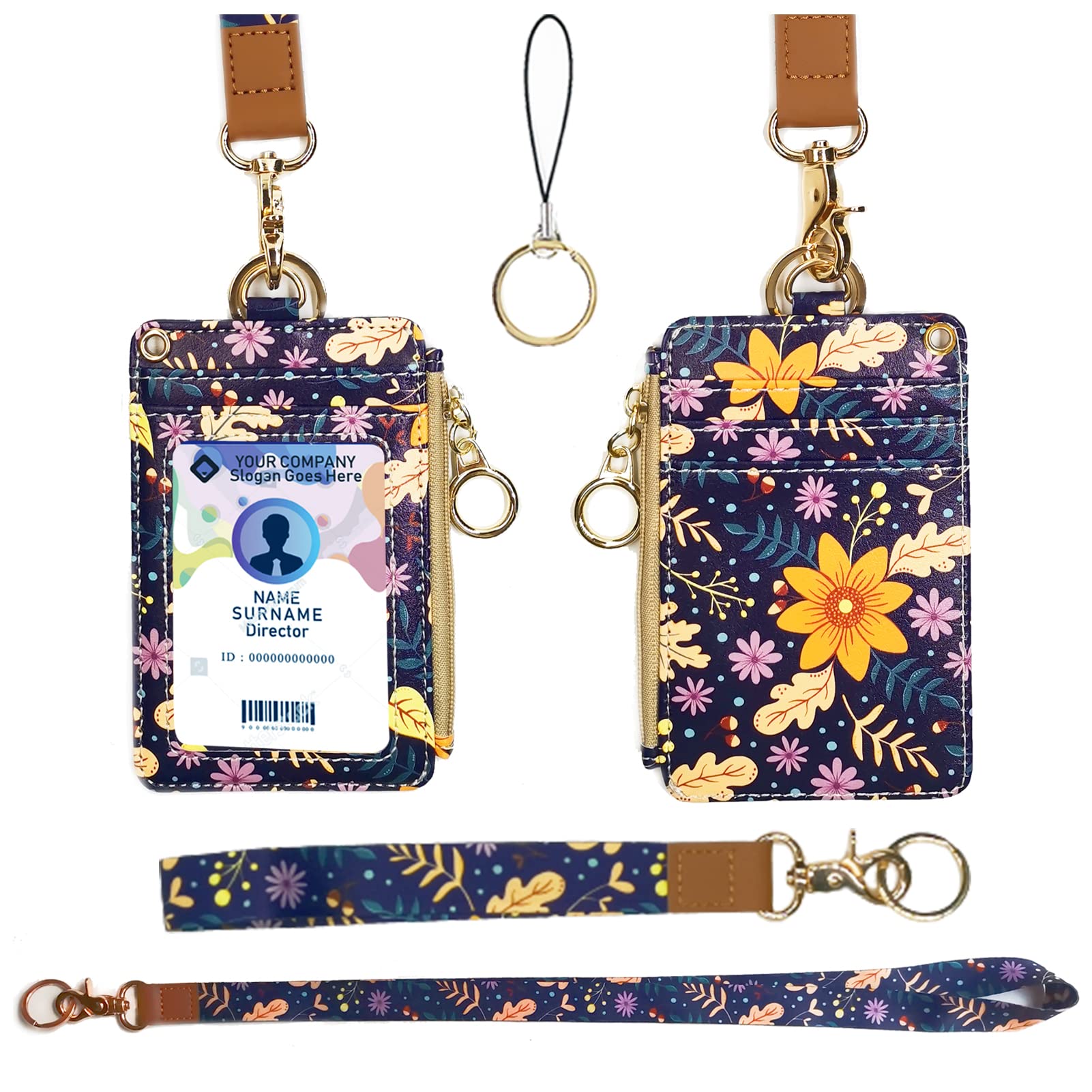 Fashion Lanyard Wallet for Women - ID Badge Holder with Zipper (Autumn Sunflower) for Office & Events