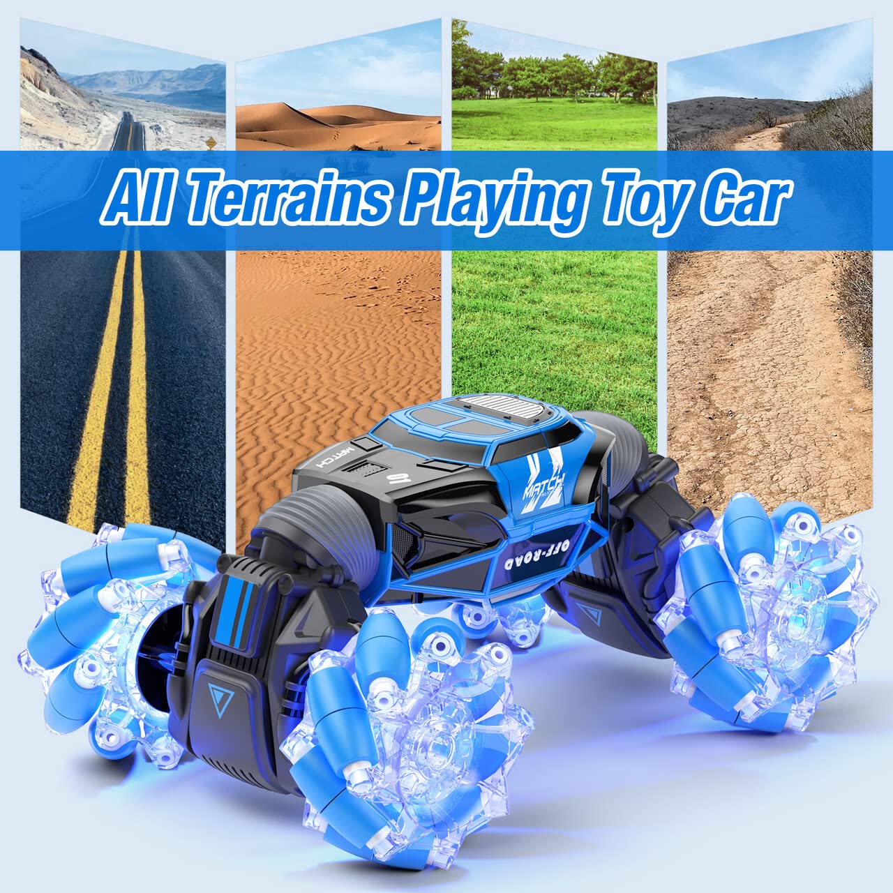 PowerExtra Gesture RC Car - 4WD 2.4GHz Remote Control Stunt Vehicle with Hand Gesture Sensing, 360° Rotation, LED Lights & Music - Best Off-Road Toy Car for Kids Ages 6-12 (Blue) - Perfect for Indoor Play, Backyard Racing & Birthday Gifts
