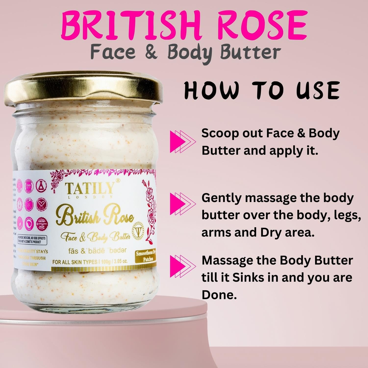 Tatily London British Rose Face & Body Butter for Very Dry Skin - Nourishing Shea Butter Moisturizer with Sunflower Seed Oil & Glycerin - Helps Reduce Stretch Marks - Suitable for Women & Men - 100g - Perfect for Daily Hydration & Skin Repair