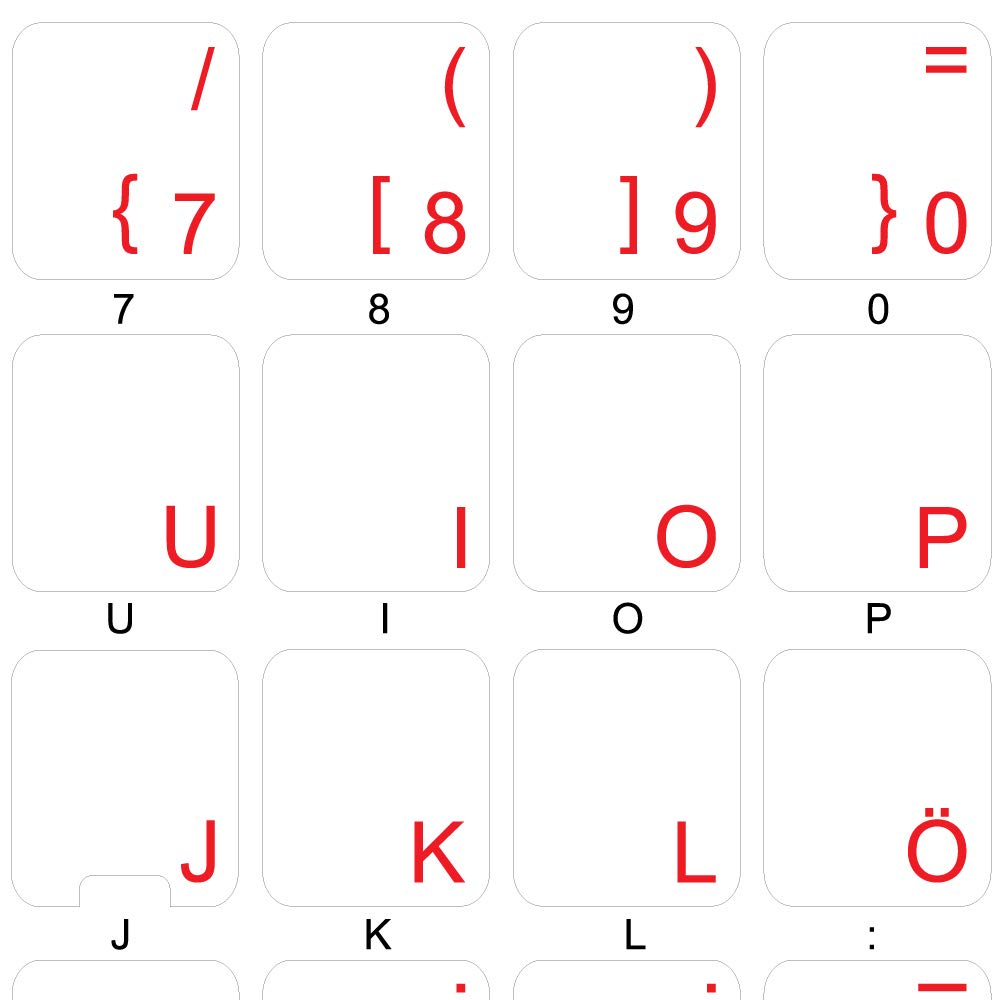 German Keyboard Labels - Transparent Background with Blue, Red, White or Yellow Lettering (Red) | Perfect for Laptop, PC & Mechanical Keyboards | Ideal for Gamers, Programmers & Multilingual Typists