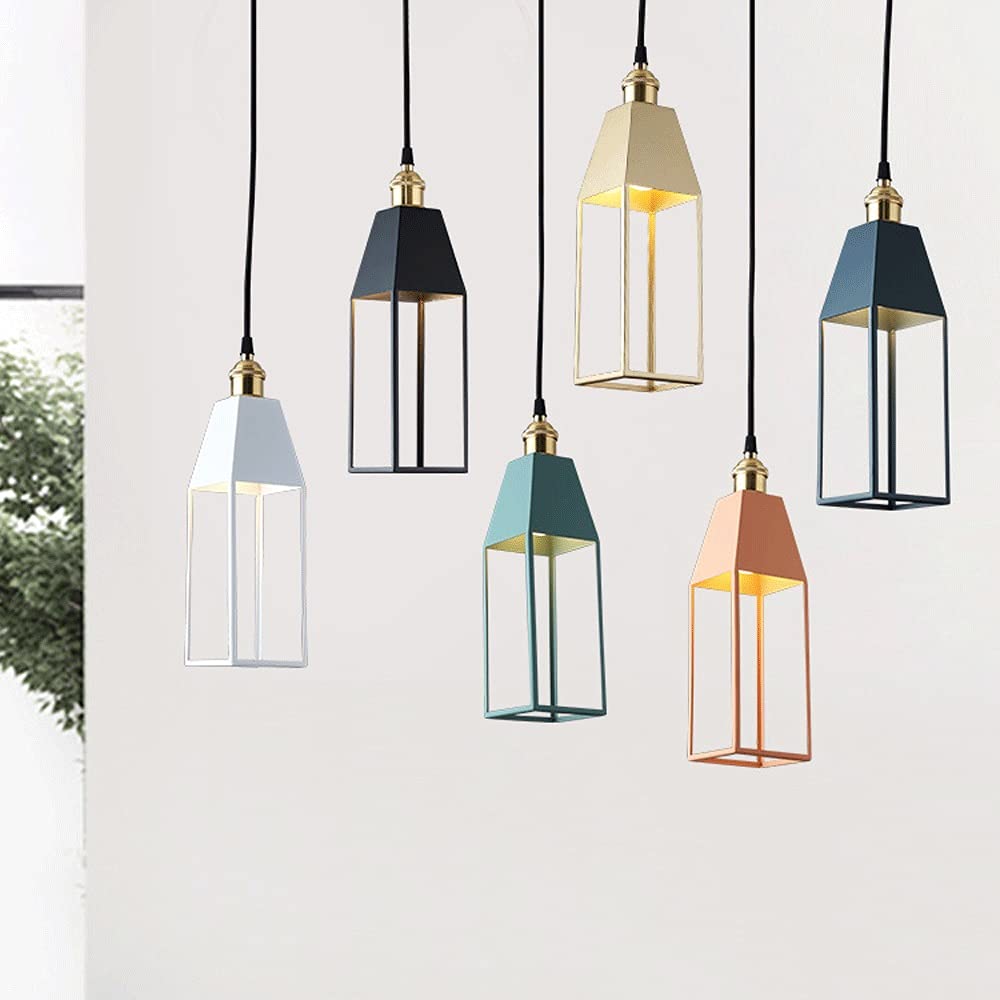 Black Metal Cage LED Chandelier - Glass Pendant Light for Farmhouse, Dining Room, Kitchen Island - Modern Single Light Hanging Ceiling Fixture (Orange) - Perfect for Entryway, Foyer & Home Decor
