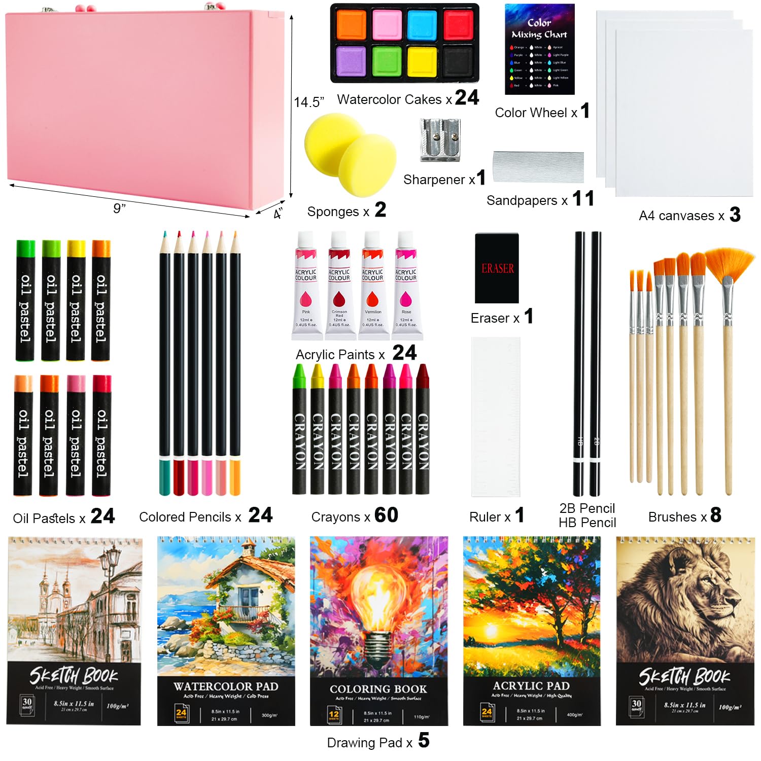 196-Piece Deluxe Art Kit with Acrylic Paints, Oil Pastels, Crayons & Colored Pencils - Includes 5 Drawing Pads & Canvases in Wooden Storage Box - Perfect Gift for Kids, Teens & Adult Beginners - Ideal for Home, School & DIY Art Projects