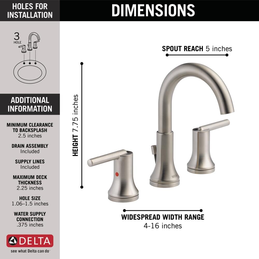 Delta Trinsic Widespread Bathroom Faucet - Brushed Nickel Finish, 3-Hole Installation, Diamond Seal Technology, Metal Drain Assembly (Model 3559-SSMPU-DST) | Perfect for Modern Bathroom Renovations and Luxury Home Upgrades