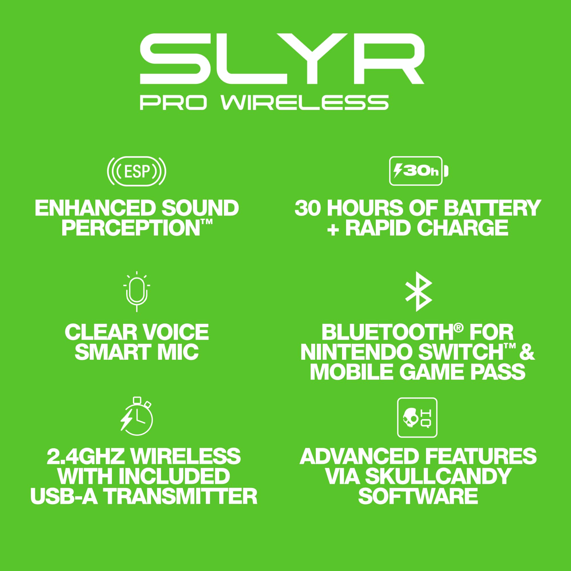 Skullcandy SLYR Pro Wireless Over-Ear Gaming Headset with Ultra Low Latency - Multi-Platform Compatible (Xbox, PC, Nintendo Switch, PlayStation) - Black/Green - Perfect for Competitive Gaming & Immersive Audio Experience