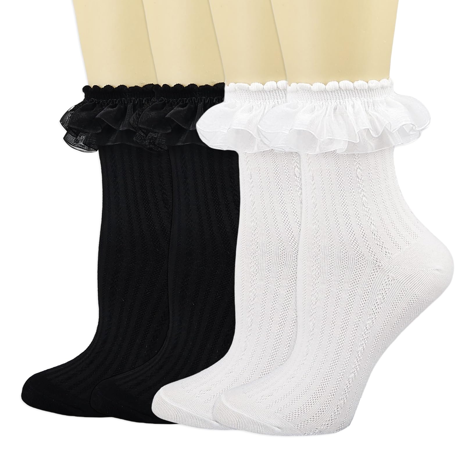 BIVOLU Women's Crew Socks - 4 Pack Lace Ruffle Frilly Cotton Ankle Socks for Girls | Cute Princess Dress Socks | Perfect for School, Parties & Everyday Wear