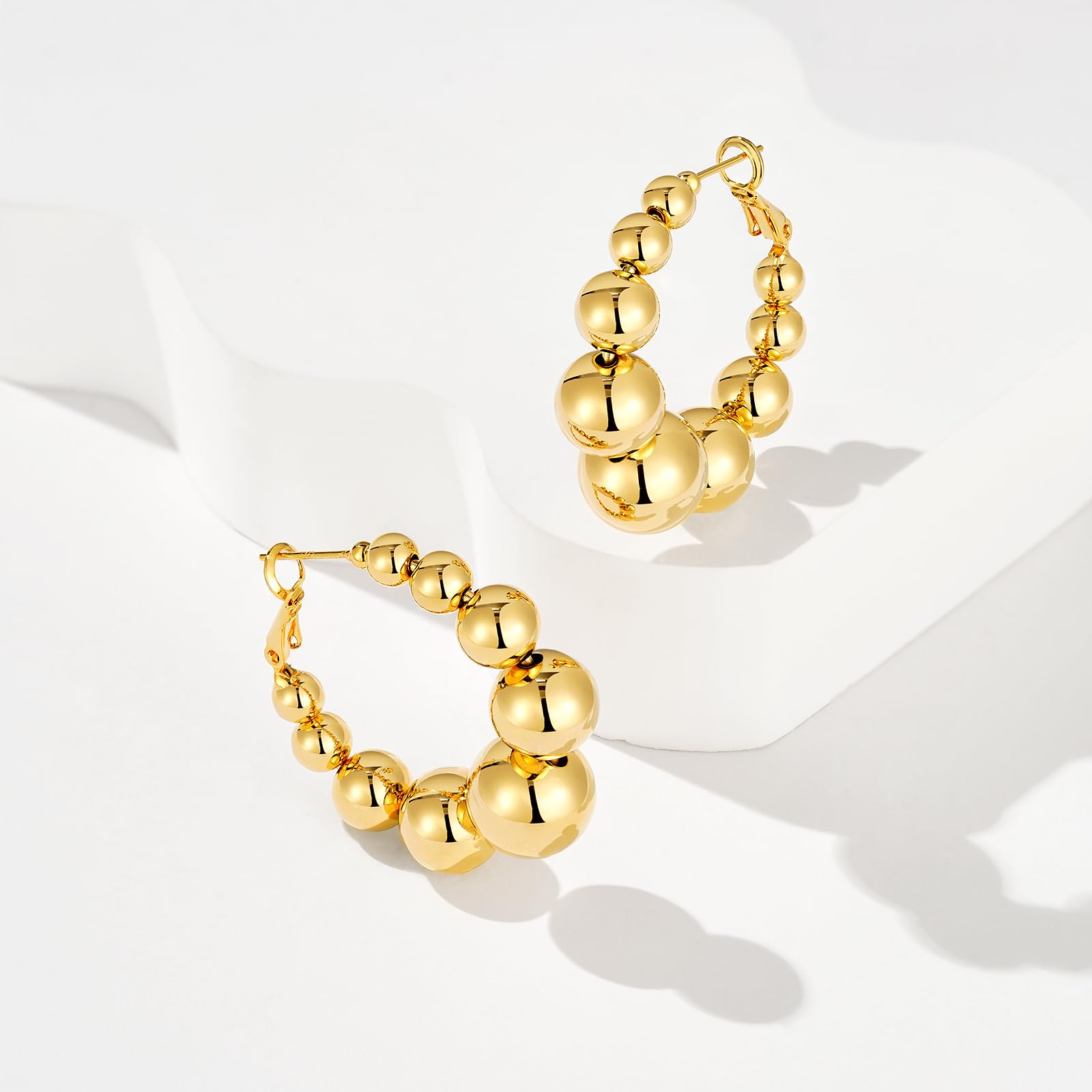 14K Gold Plated Beaded Hoop Earrings for Women - Lightweight Chunky Statement Huggie Earrings with Round Ball Drop - Dainty Jewelry Gift for Her - Perfect for Parties, Weddings & Everyday Wear