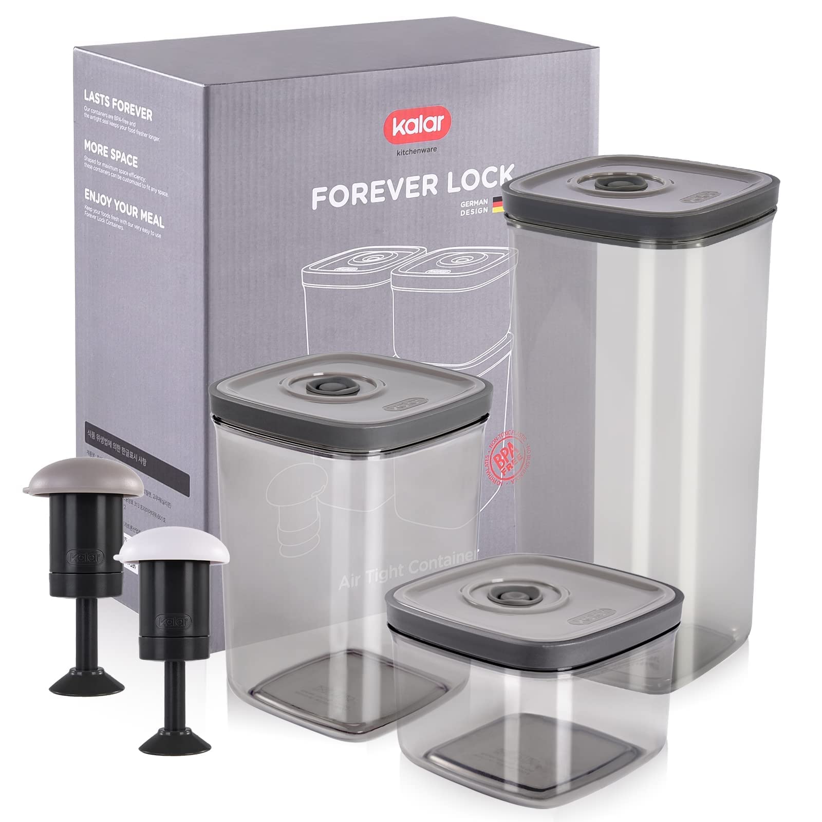KALAR Vacuum Sealer Food Storage Containers Set - 3pc Airtight Kitchen Containers with Manual Pump, Reusable & Stackable for Marinating Meat, Meal Prep, Pantry Organization (Grey) | Perfect for Sous Vide, Freezer Storage & Leftovers Preservation