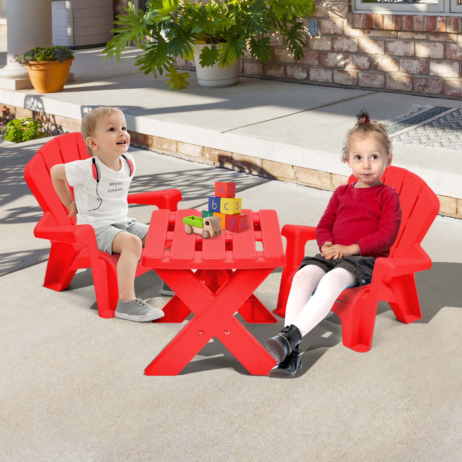 COSTWAY Kids Outdoor Table & Chair Set - 3-Piece Toddler Play Table with 2 Adirondack Chairs, Stackable Space-Saving Backyard Furniture for Beach, Garden & Lawn (Red) | Perfect for Outdoor Play, Picnics & Summer Activities