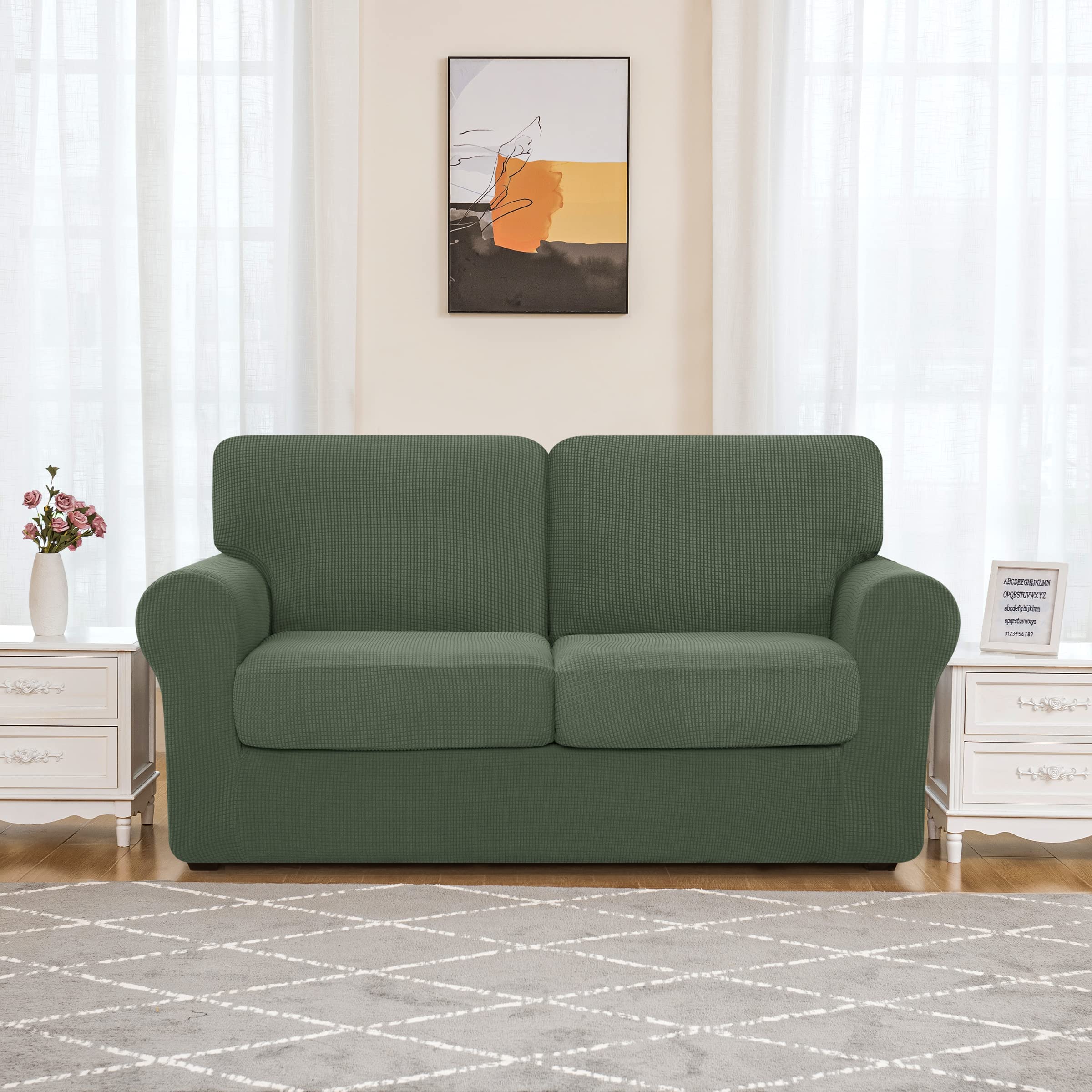 SUBRTEX 5-Piece Loveseat Cover & 7-Piece Sofa Cover Set - Stretch Couch Slipcover with Separate Backrest & Cushion Covers - Perfect for Living Room Furniture Protection (Medium/Large, Olive Drab) - Ideal for Pet Owners, Kids & Home Decor Refresh