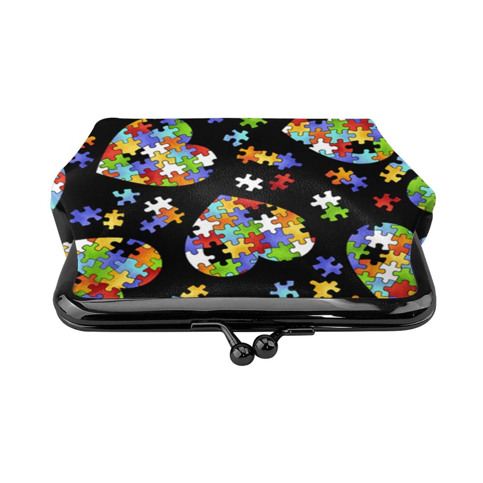 Autism Awareness PU Leather Coin Purse with Puzzle Heart Design - Secure Kiss-Lock Wallet for Girls (Ideal for Change, Cards & Small Essentials) - Perfect for Daily Use, Gift Giving & Special Needs Support