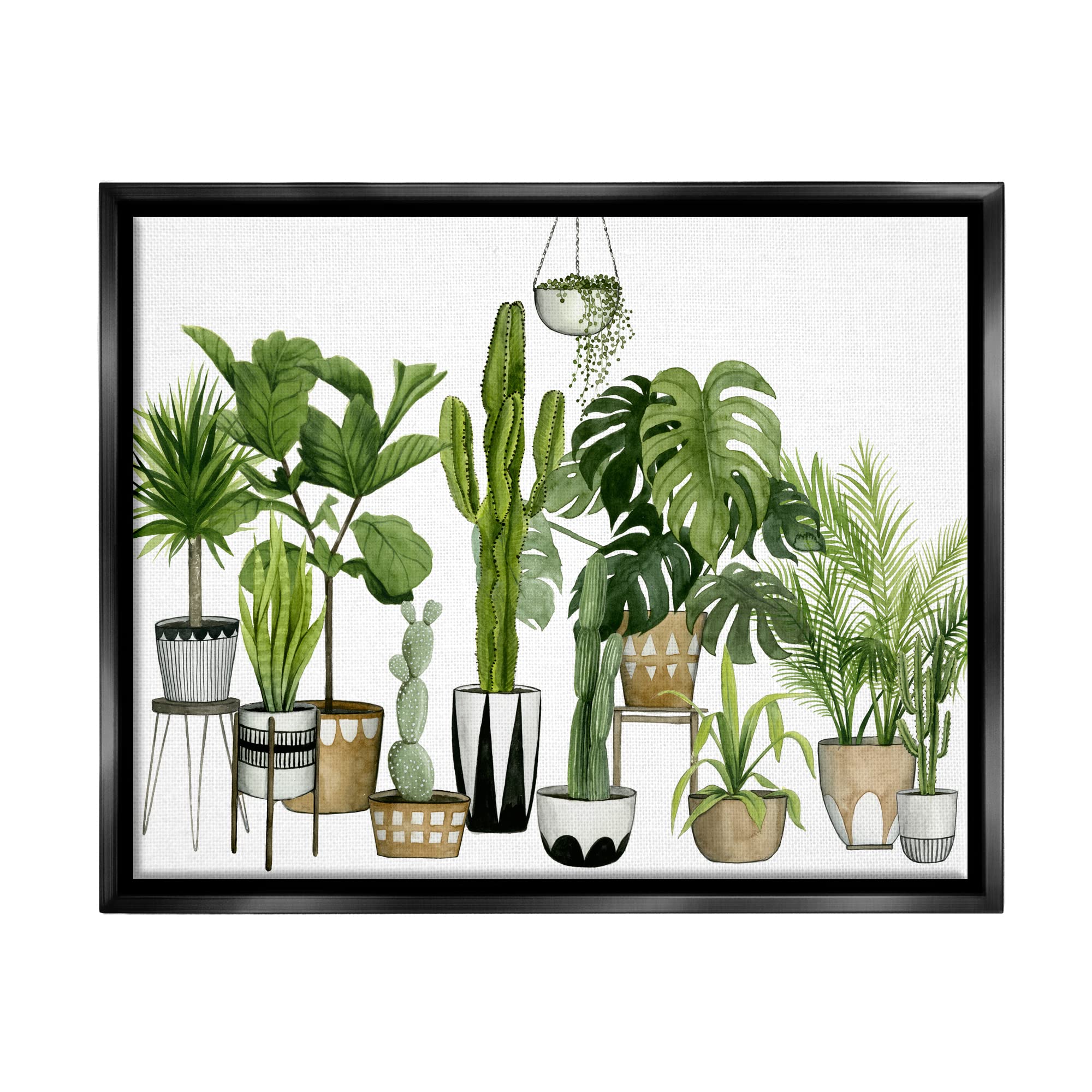 Stupell Industries Boho Plant Scene with Cacti & Succulents in Geometric Pots - Grace Popp Watercolor Art - 24x30 Black Floater Frame - Perfect for Home Office, Living Room & Boho Decor