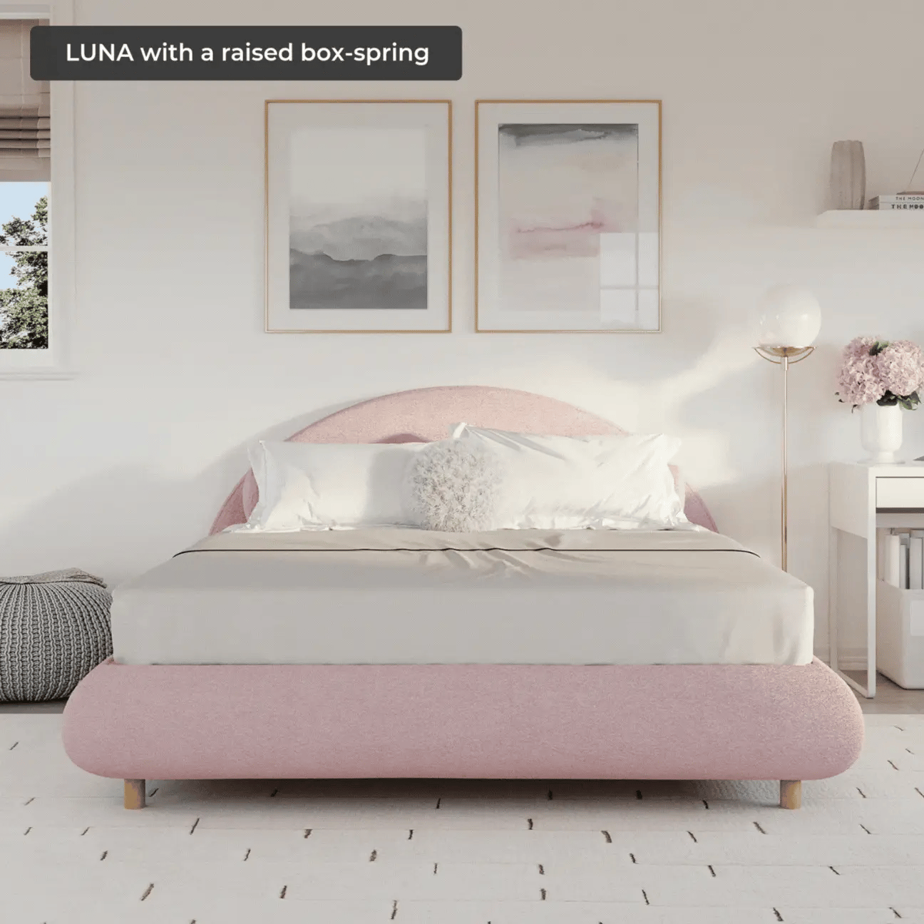 Luna Queen Size Bed Frame with Upholstered Headboard - Soft Cotton Candy Pink Fabric, Sturdy Wooden Slat Support for Bedroom Decor | Perfect for Master Bedroom, Guest Room, or Dormitory