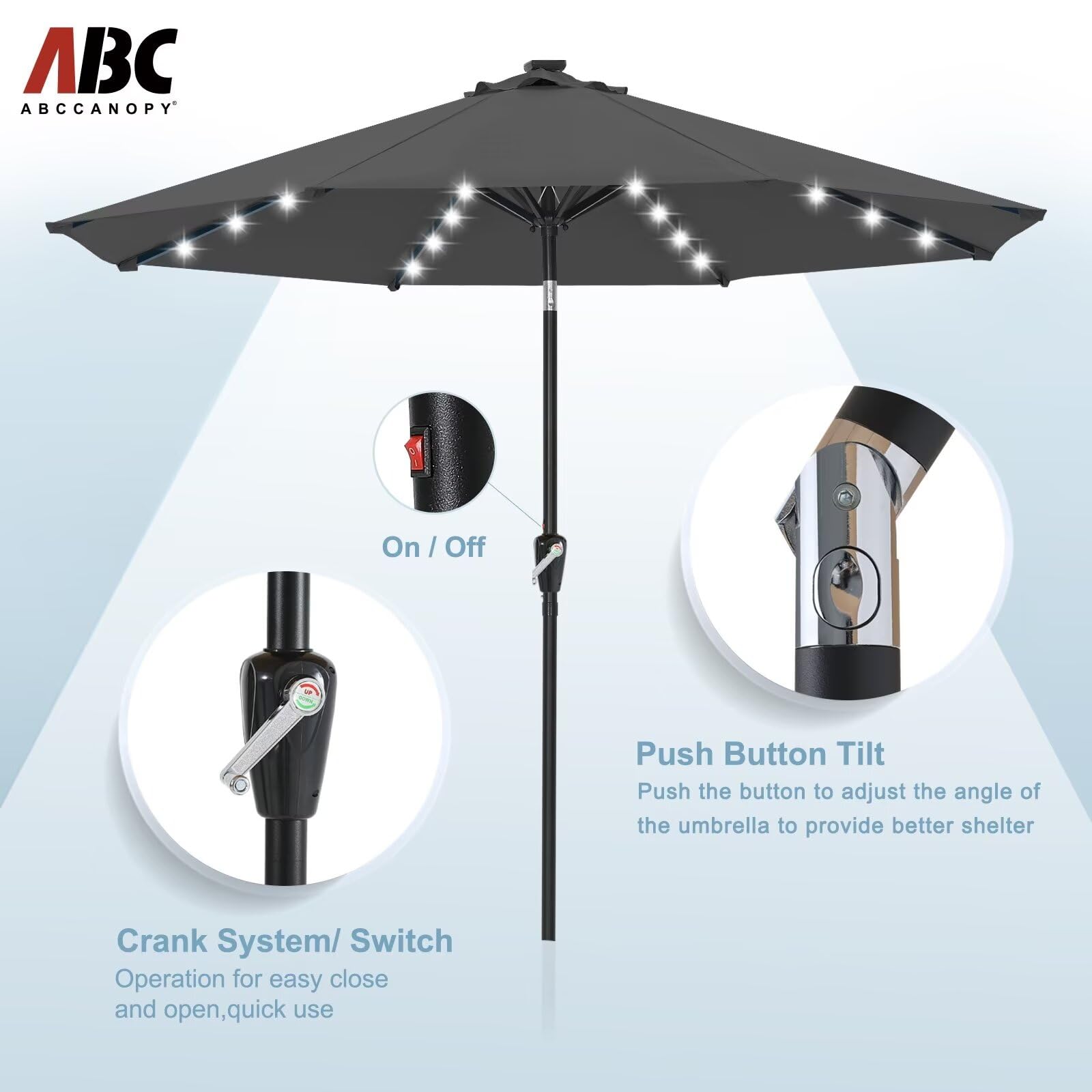 ABCCANOPY 9FT Solar LED Patio Umbrella with 32 LED Lights - Dark Gray | Durable Outdoor Shade for Poolside, Backyard, Garden & Patio Furniture