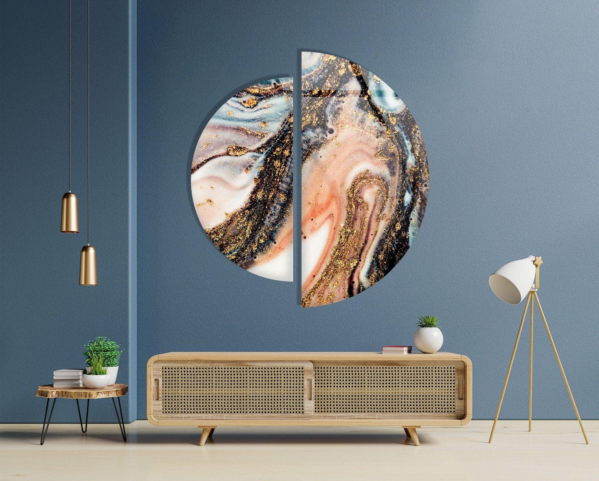 2 Piece Golden Fractal Glass Wall Art Set - Modern Abstract Geometric Decor for Living Room, Bedroom & Office - Handmade 3D Glass Panel Artwork for Home & Wall Decor