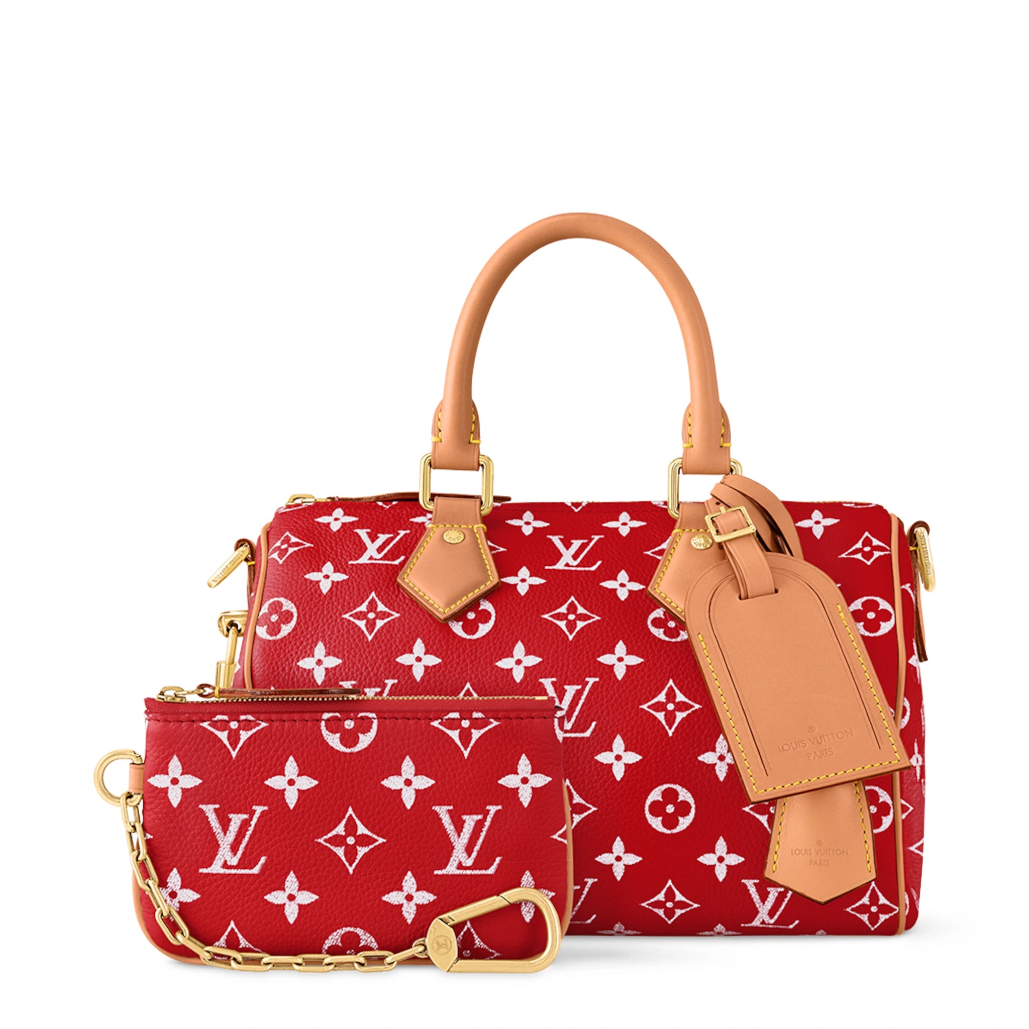 Authentic Louis Vuitton Monogram Speedy 25 Handbag with Red Bandoulière Crossbody Strap - Perfect for Travel, Work & Everyday Luxury Fashion Accessory