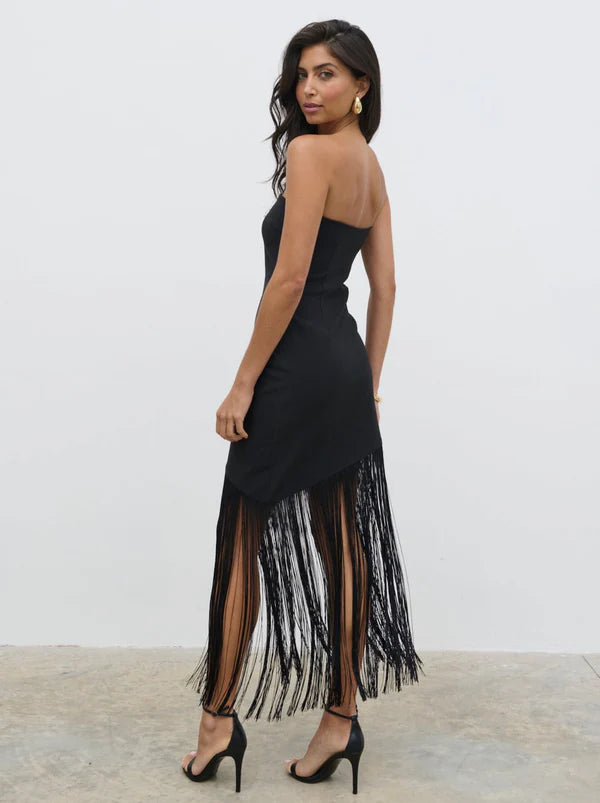 Eliana Bandeau Asymmetric Fringed Dress - Black | Women's Boho Chic Party Outfit for Summer Beach & Night Events