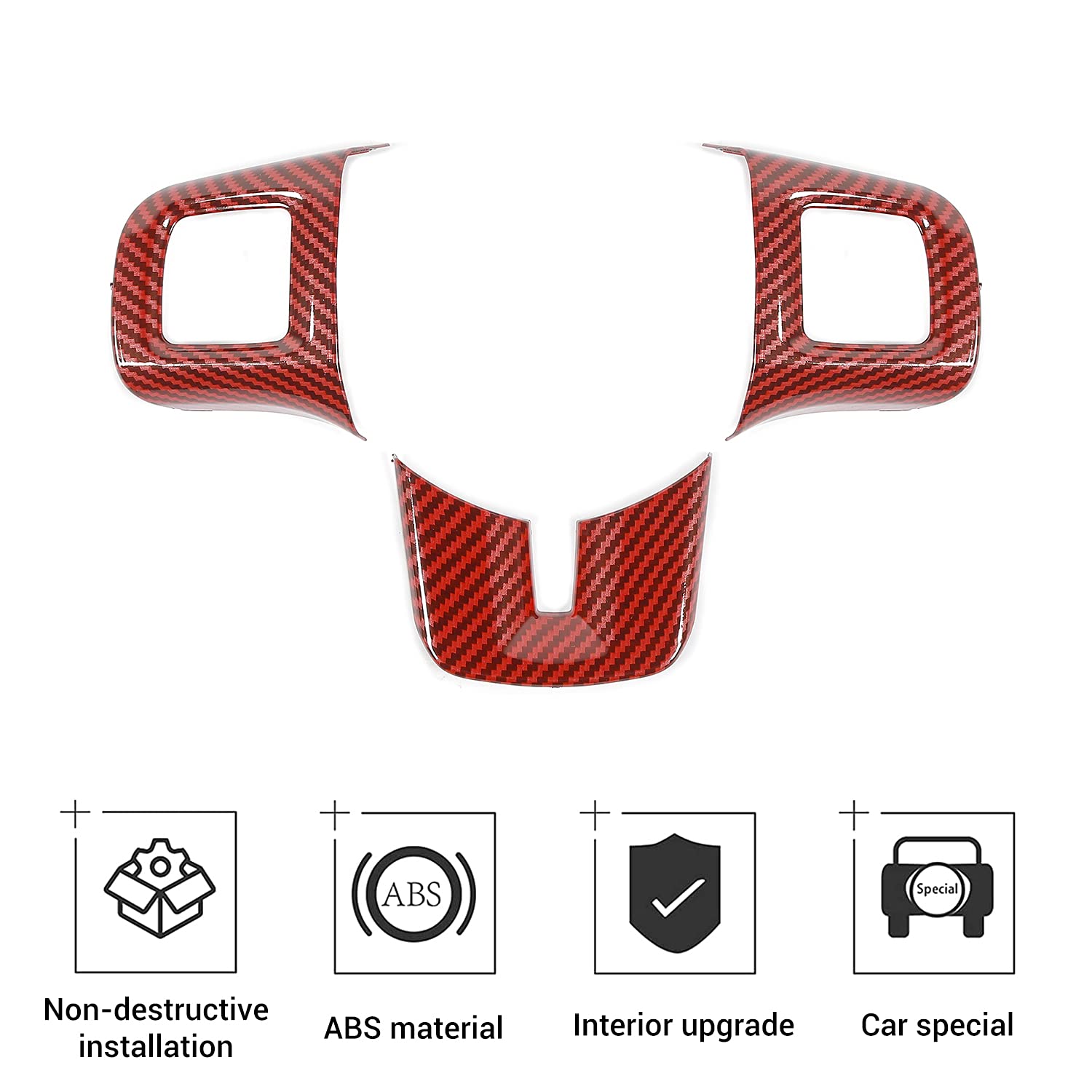 Linskip Steering Wheel Trim Cover - 3Pcs Red Carbon Fiber Design for Dodge Journey 2013-2022, Charger, Challenger, Durango, Dart 2009-2014 - Premium Interior Accessories for Enhanced Grip & Style - Perfect for Daily Commuting & Road Trips