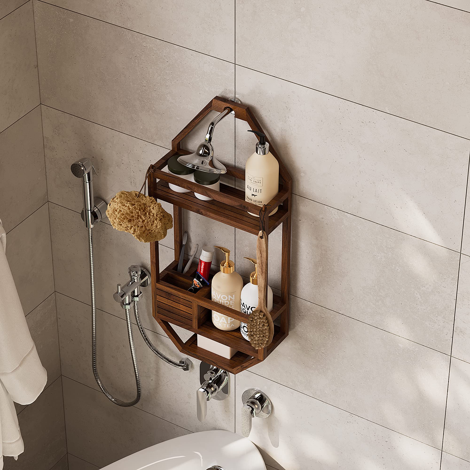 Premium Teak Shower Caddy - 3-Tier Waterproof Bathroom Organizer with Non-Slip Hooks for Shampoo, Soap & Accessories - Perfect for Indoor/Outdoor Showers, Spas & Pool Areas