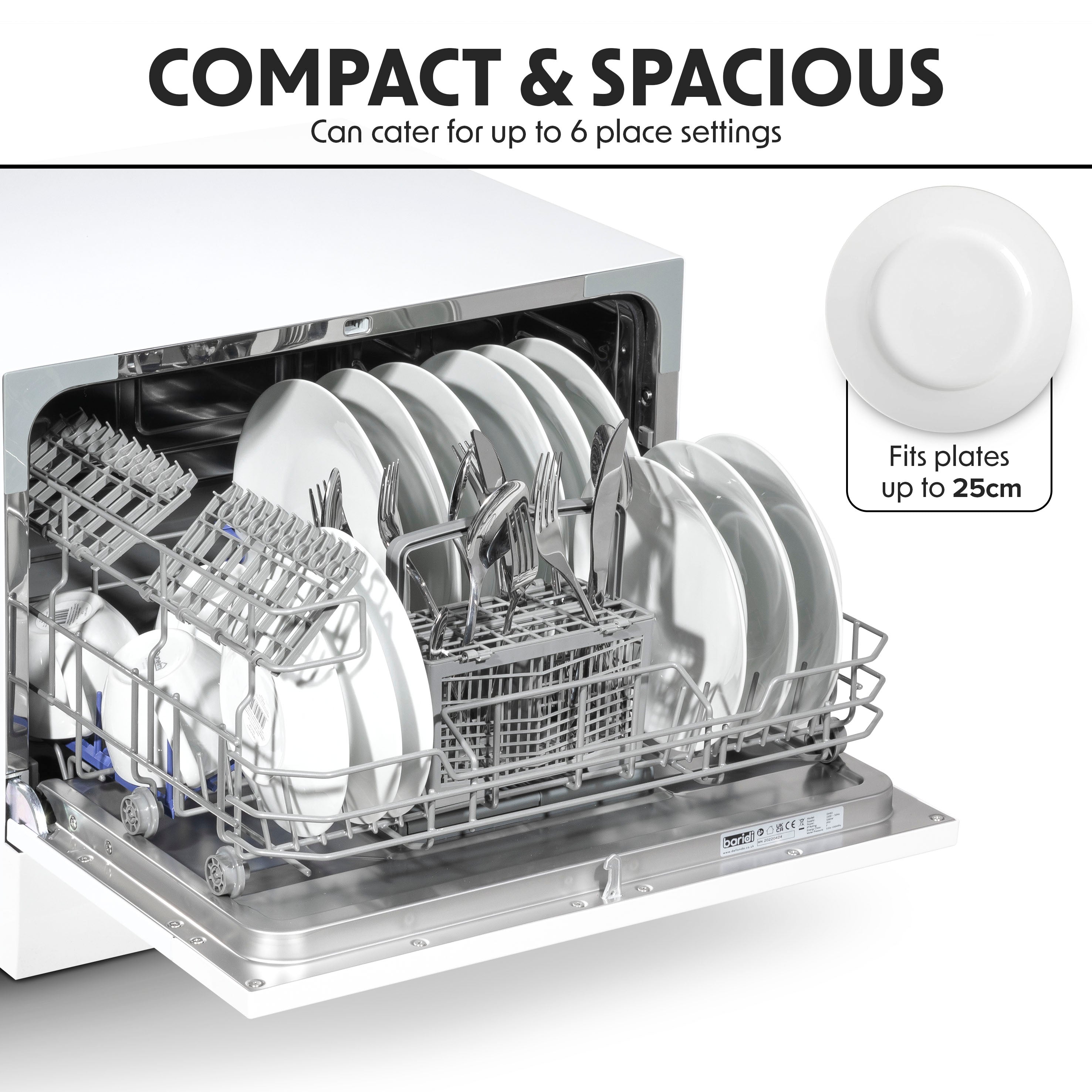 Baridi Compact Tabletop Dishwasher - 6 Place Settings, 6 Wash Programs, Ultra Quiet (42dB), 6.5L Capacity in Sleek White (Model DH83) | Perfect for Small Apartments, RVs, Dorms & Office Break Rooms