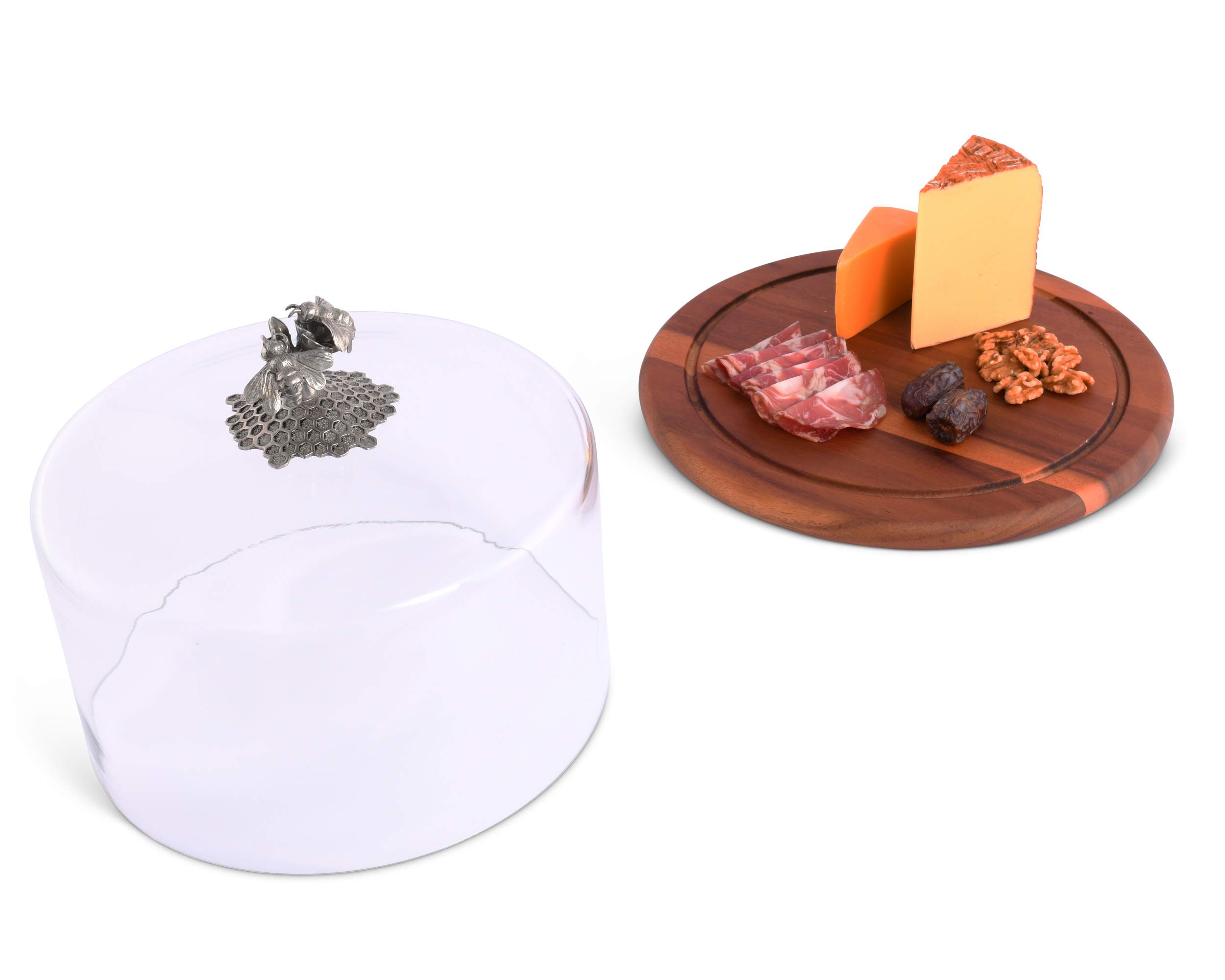 Handcrafted Wood Cheese Board with Glass Dome Cover & Solid Pewter Honey Bee Knob - 13