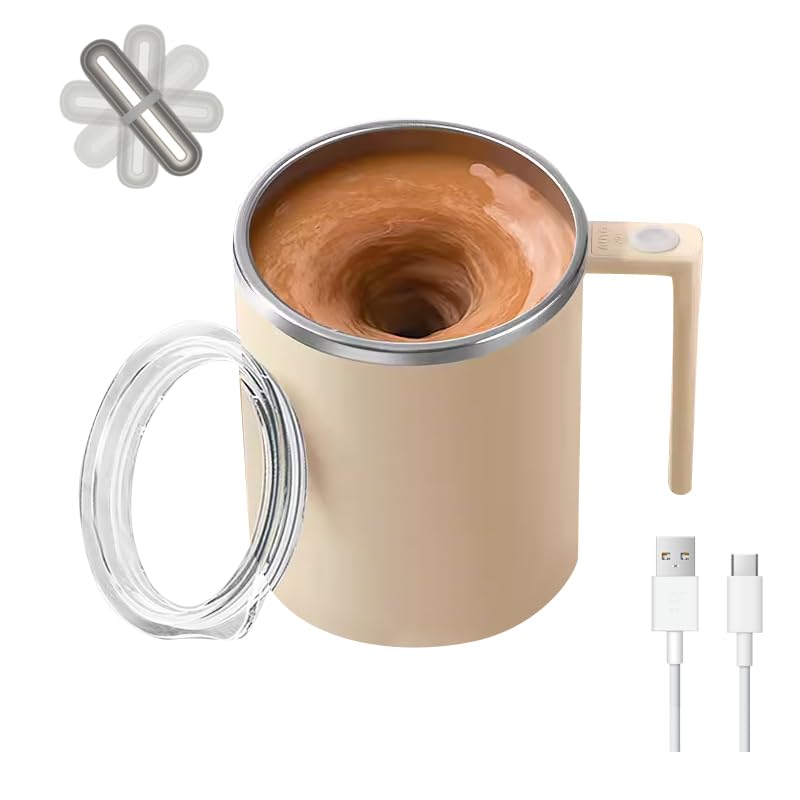 Electric Stirring Coffee Mug - Self Mixing Travel Mug for Coffee, Tea, Milk & Hot Chocolate - 12oz Insulated Stainless Steel Thermos with Auto Stirrer - Perfect for Office, Commute & Home Use (Cream White)