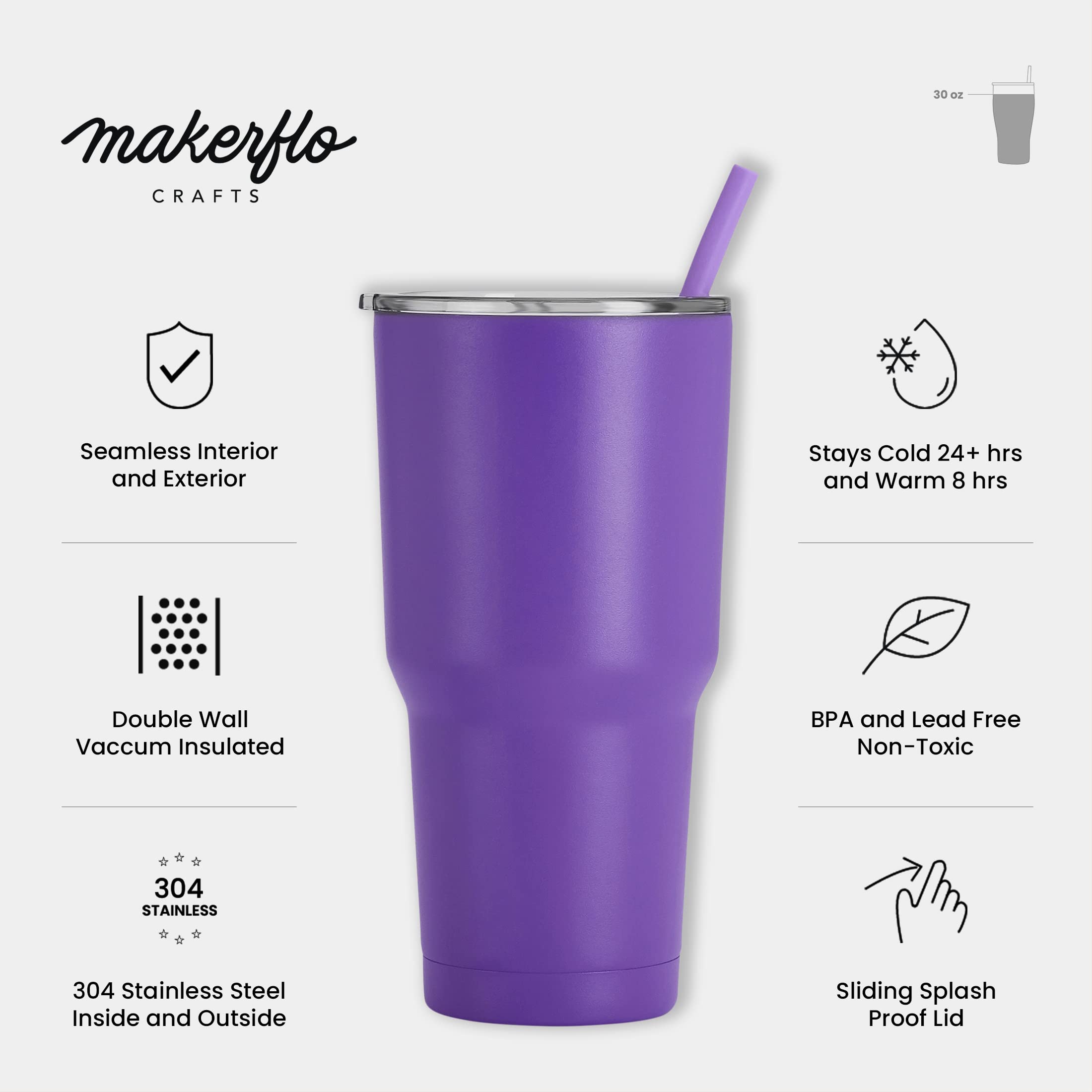 Makerflo 30 oz Purple Powder Coated Tumbler - 25 Pack with Lids & Straws | Laser Engravable, UV DTF, Epoxy & Vinyl Ready | Perfect for DIY Gifts, Customization & Personal Projects | Great for Office, Gym, Travel & Outdoor Activities