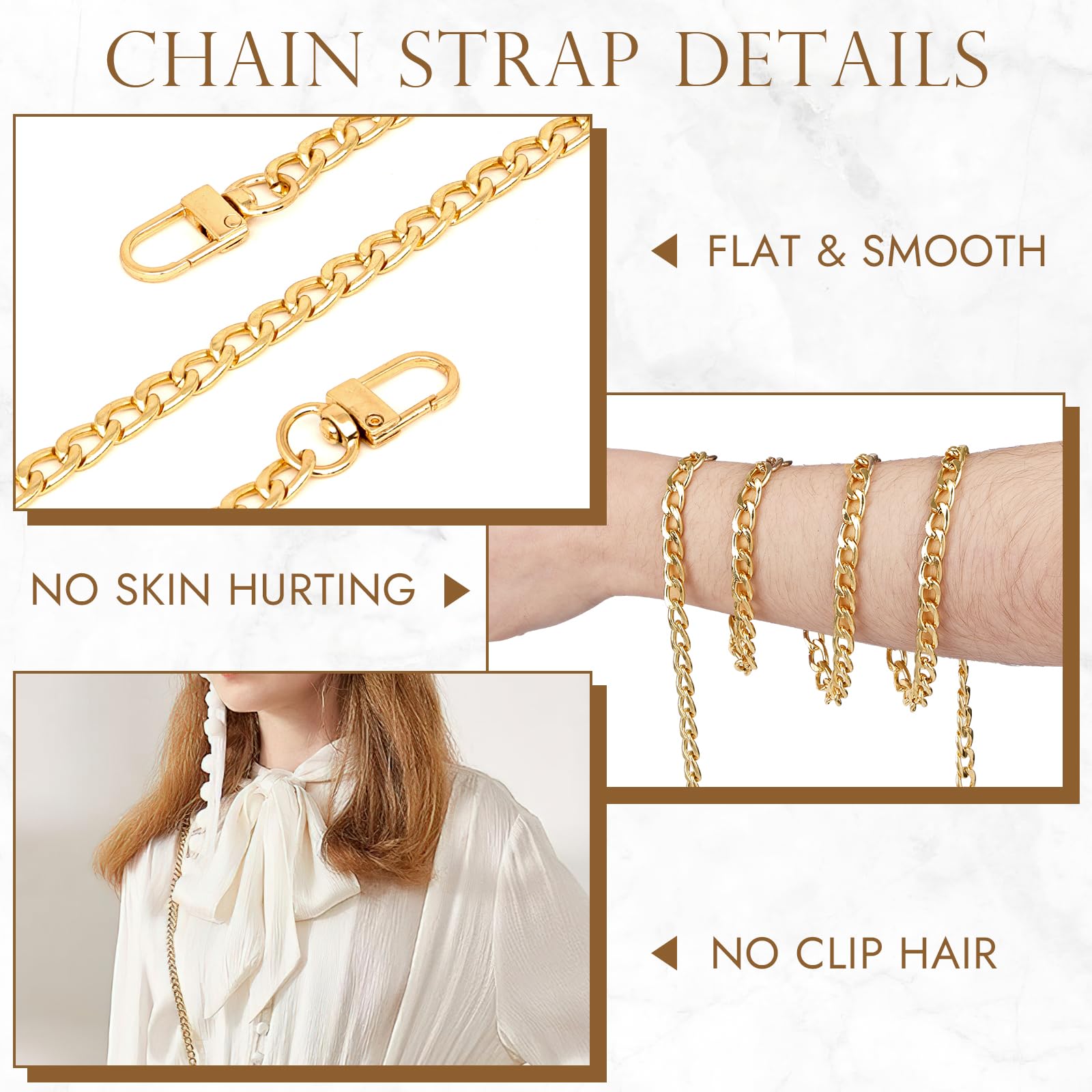 2 Pack 47 Inch Gold Purse Chains - Flat Iron Bag Straps with Metal Buckles for DIY Handbags, Wallets & Shoulder Bags | Perfect for Evening Events, Shopping & Daily Use