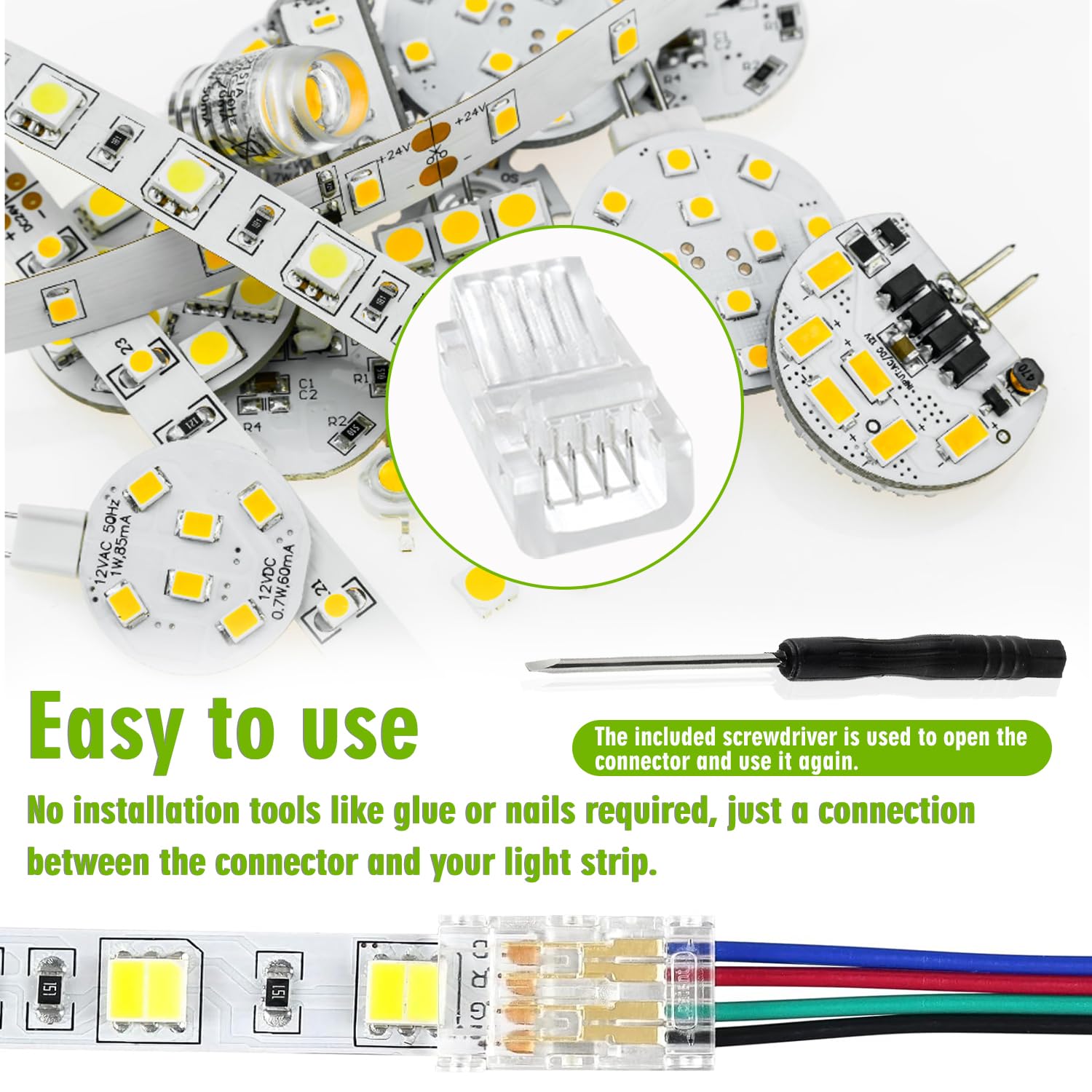 4 Pin 8mm LED Strip Connector - 20pcs Clear Unwired Gapless Quick Connect Adapter for 5050 RGB LED Light Strips | Perfect for Home Theater, Gaming Setup & DIY Lighting Projects