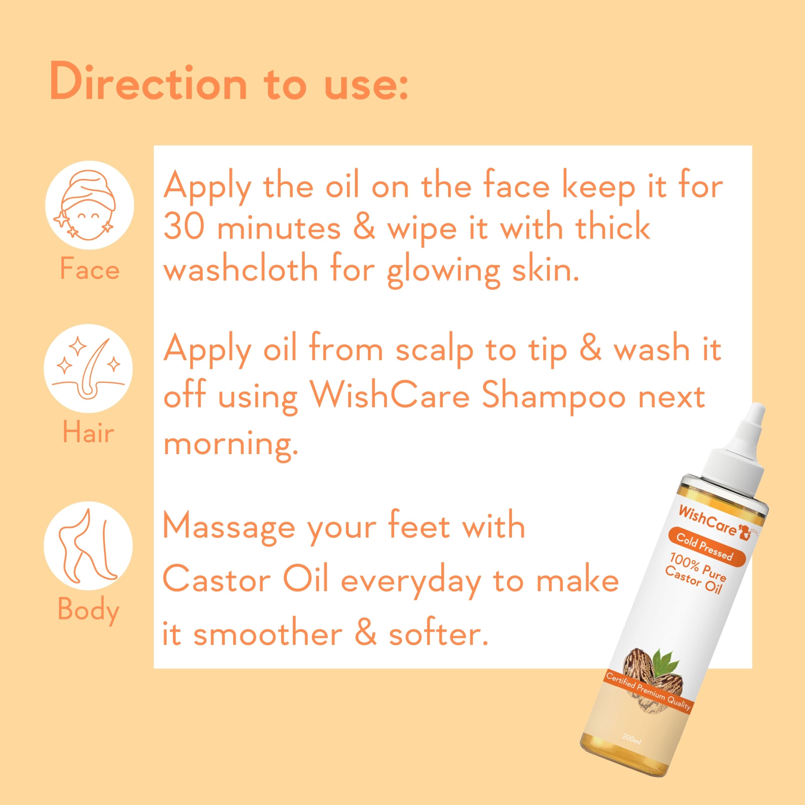 WishCare Premium Cold Pressed Castor Oil - 100% Pure Virgin Grade for Hair Growth, Eyelashes, Eyebrows & Skin Care - 200ml - Ideal for Natural Hair Treatment, Beard Growth & Moisturizing Dry Skin