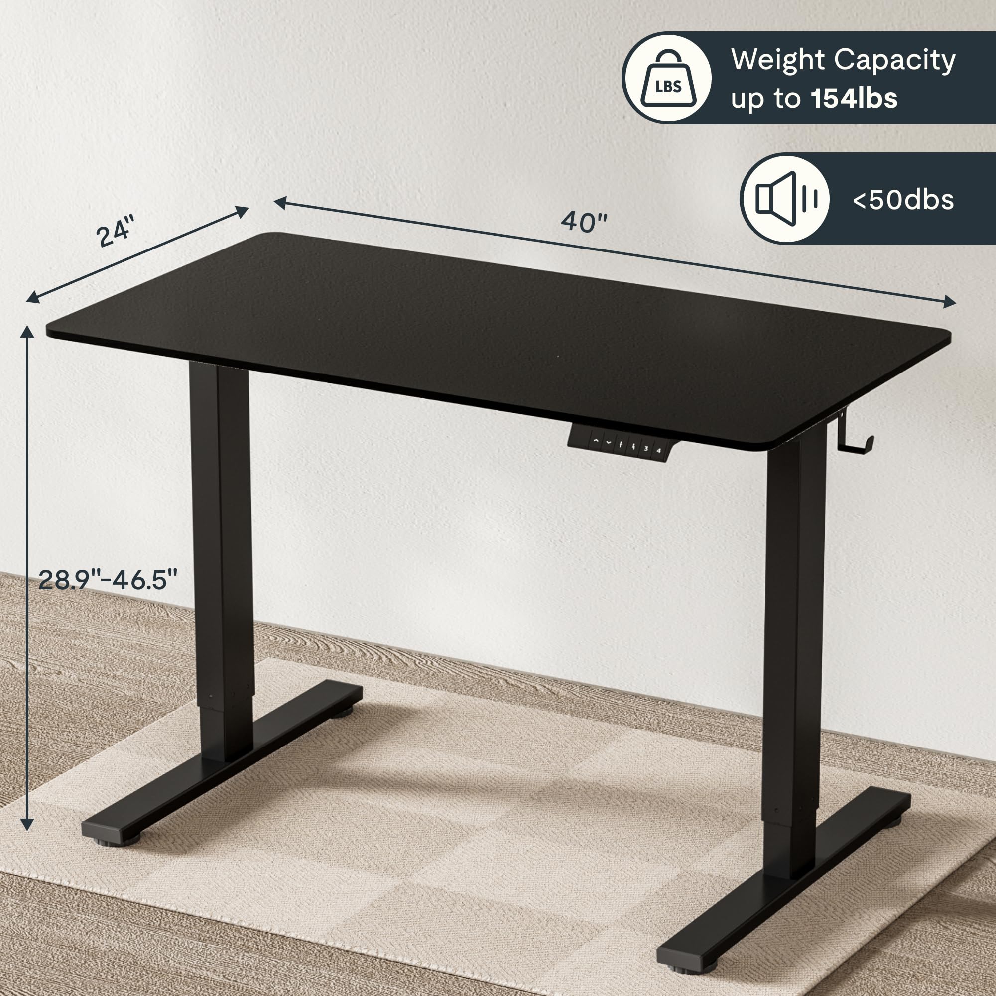 FlexiSpot 40 x 24 Inches Electric Height Adjustable Standing Desk - Small Whole-Piece Desktop, Sit Stand Home Office Table (Classic Black Frame + 40
