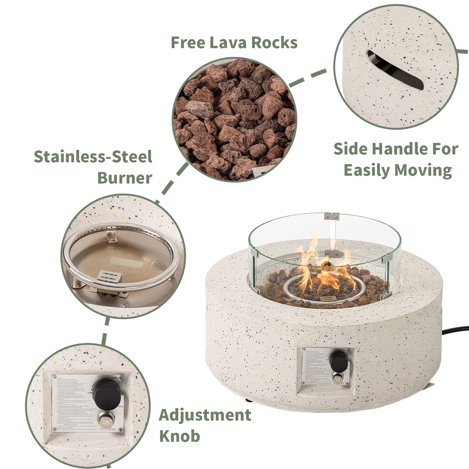 28-inch Outdoor Propane Fire Pit Coffee Table with Terrazzo Round Base - 40,000 BTU Stainless Steel Burner, Wind Guard & Free Lava Rocks - Waterproof Cover Included - Perfect for Patio, Backyard, and Camping Heating