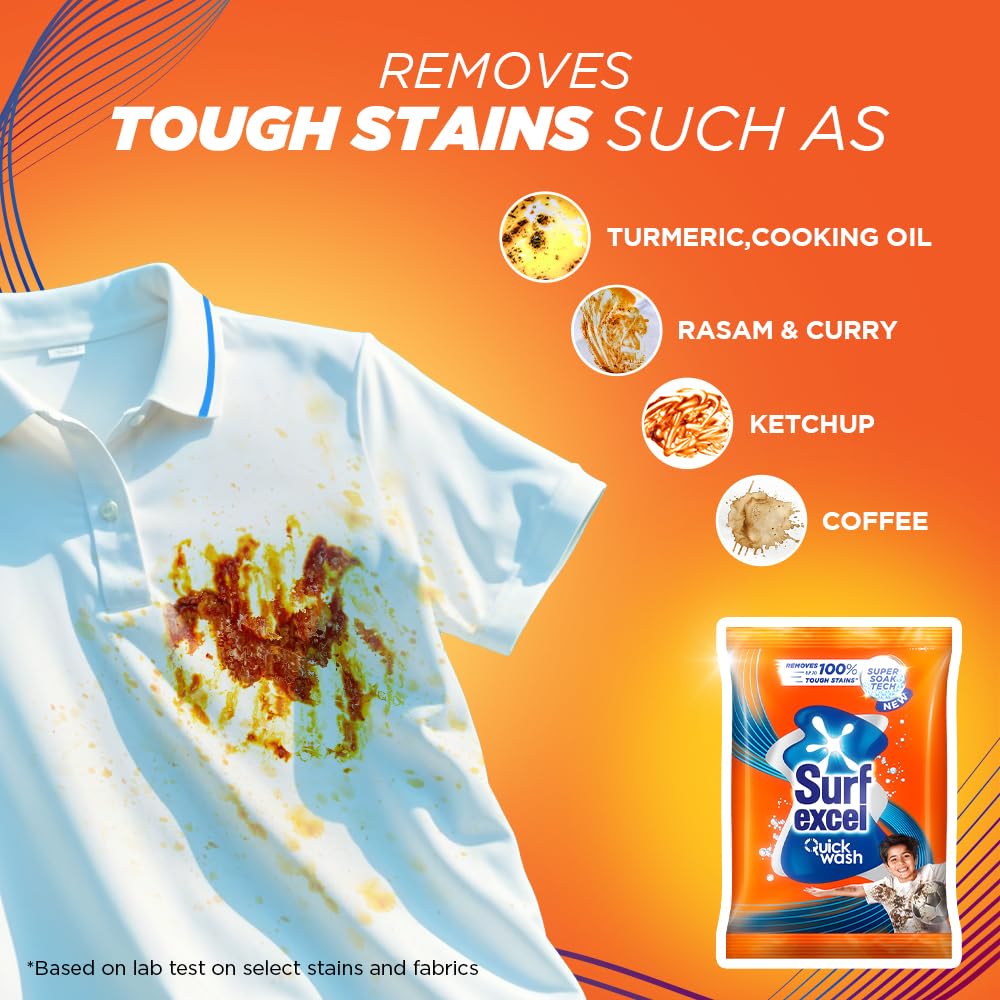 Surf Excel Quick Wash Detergent Powder 1 kg - Lemon & Bleach Formula for Tough Stain Removal | Works in Bucket & Washing Machine | Ideal for Laundry, Baby Clothes & Sports Wear