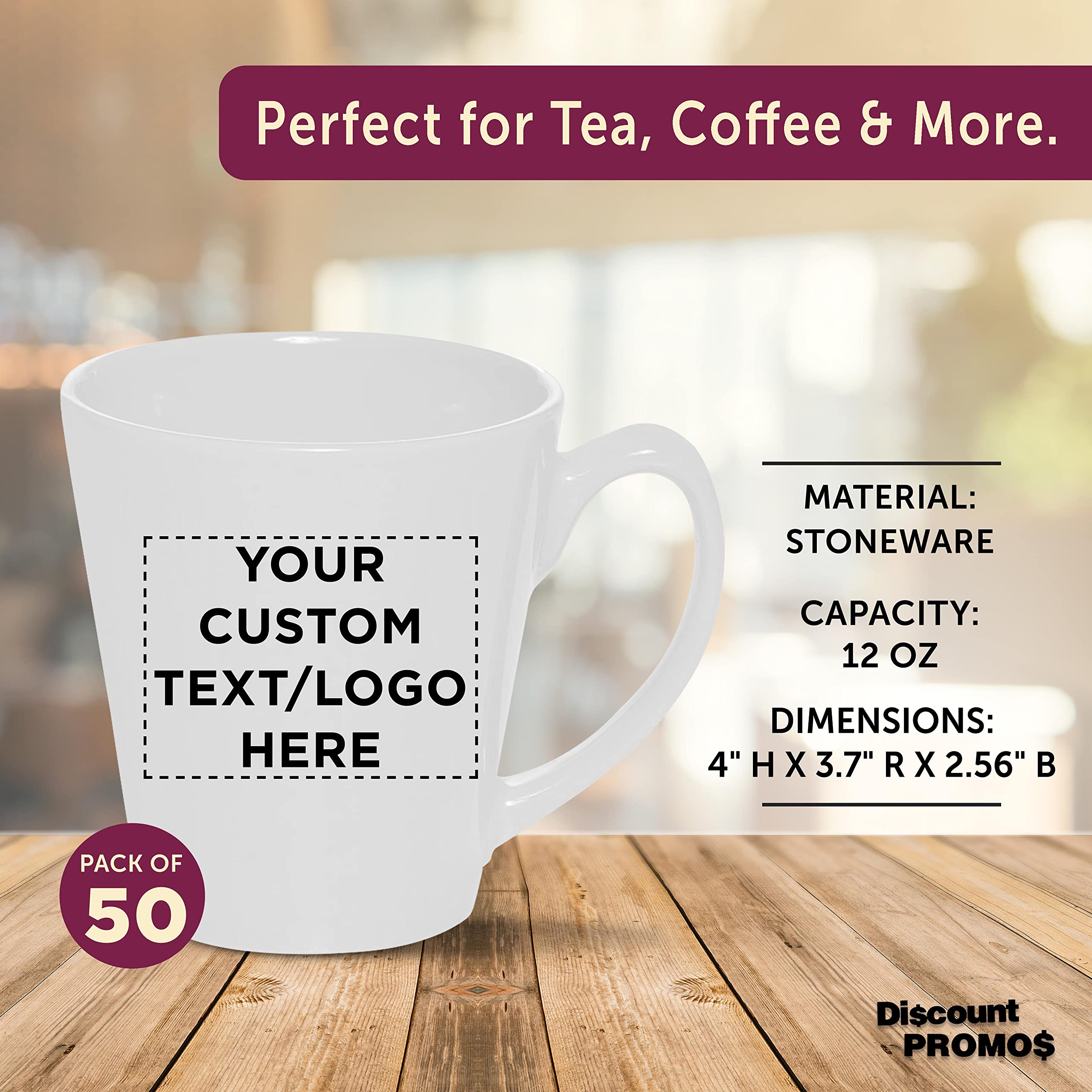Premium Custom Glossy Ceramic Coffee Mugs 12 oz (Set of 50) - Bulk Personalized Latte Cups for Coffee, Tea, Espresso - Ideal for Cafes, Restaurants & Corporate Gifts - White
