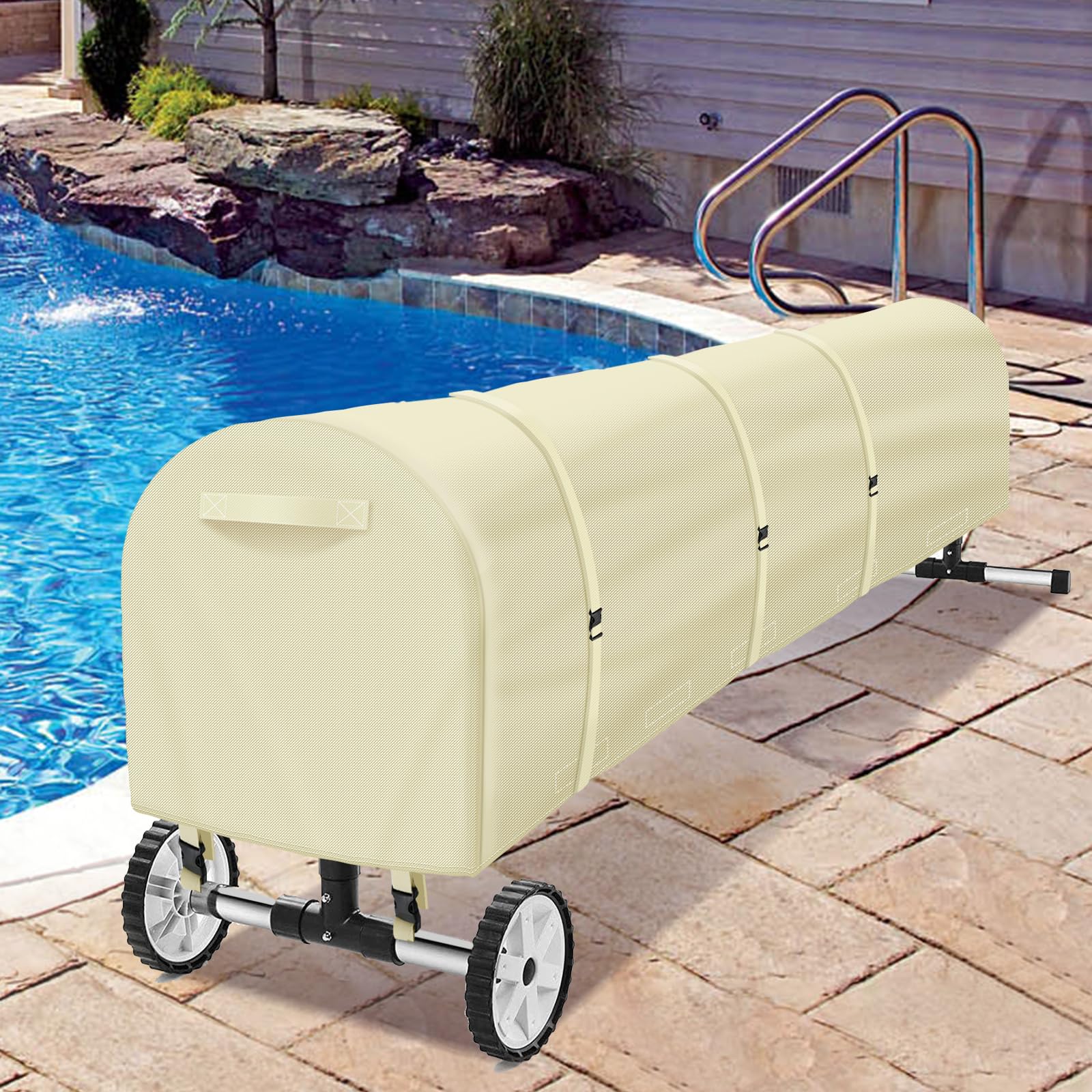 16Ft Heavy Duty Solar Pool Cover Reel - UV Resistant, Waterproof Blanket Roller for Inground Swimming Pools | Durable Beige Design | Perfect for Easy Pool Cover Storage & Protection