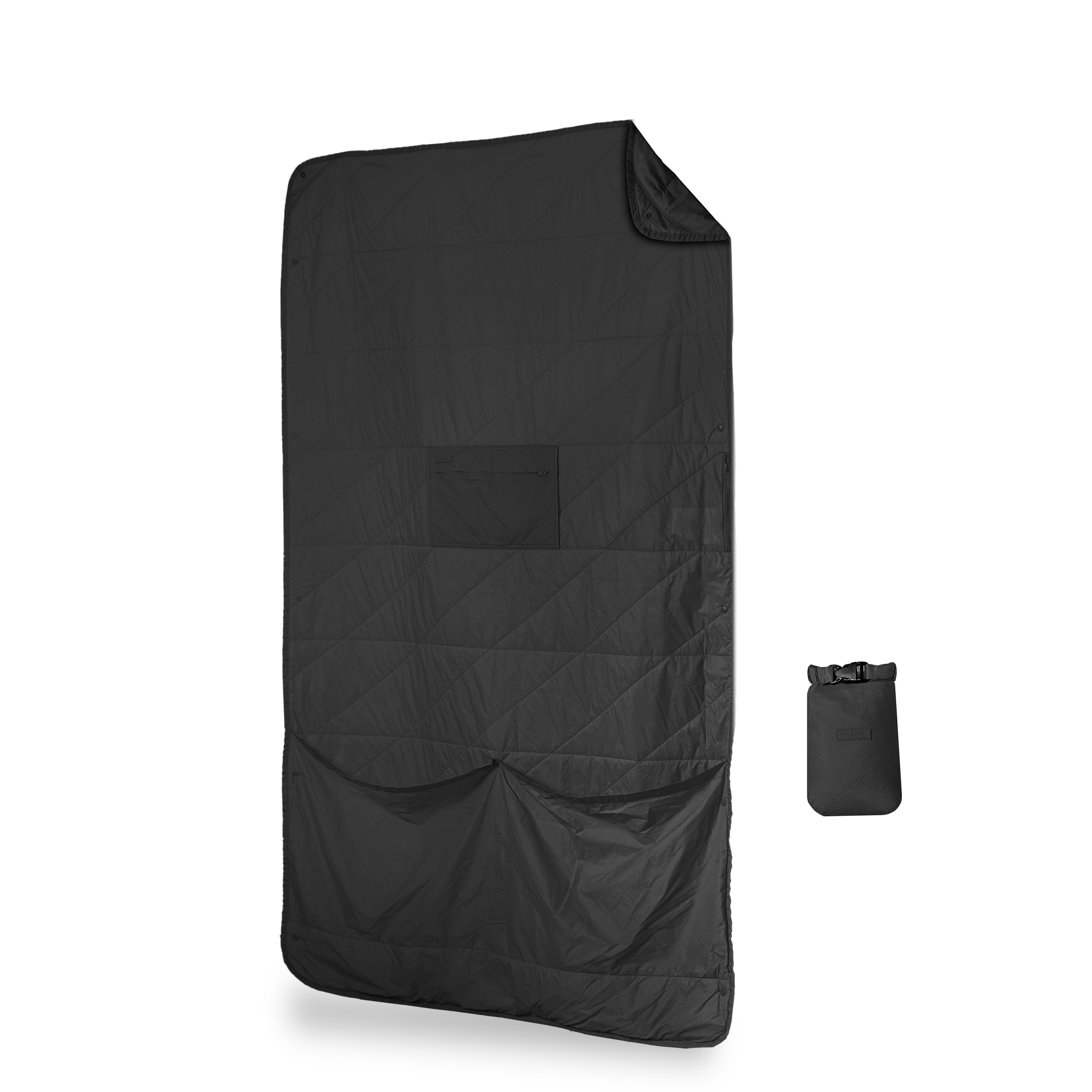 Layover™ Travel Blanket - Ultra Lightweight Packable Puffy Blanket for Airplane, Camping & Home Use | Soft & Warm Black Blanket