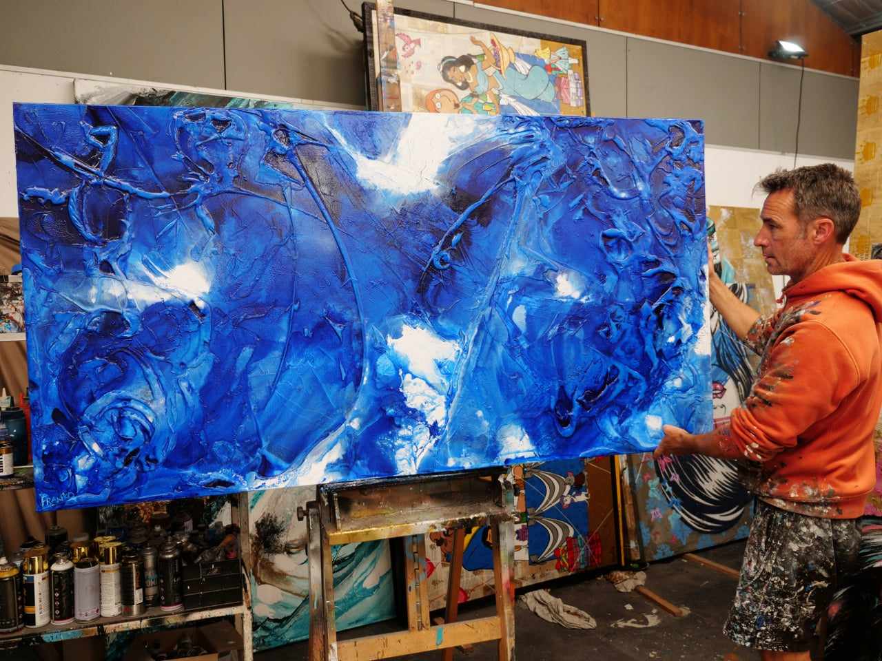 Blue Ink Textured Abstract Painting - 190cm x 100cm Sapphire Wash Canvas Wall Art for Living Room, Bedroom & Office Decor | Modern Large Artwork