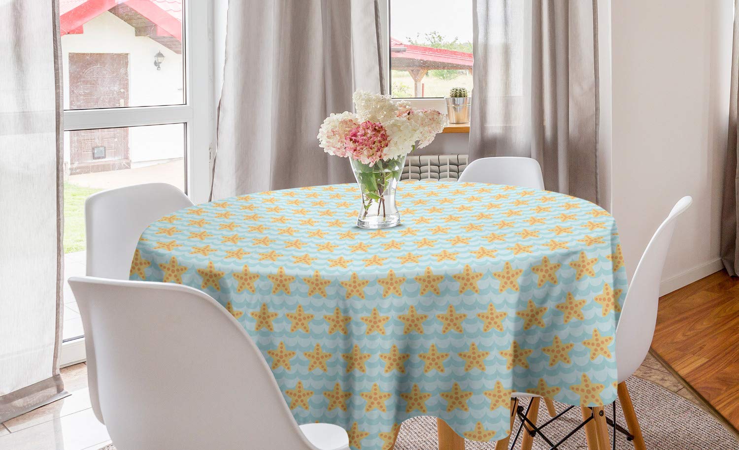Ambesonne Marine Round Tablecloth - Cartoon Starfish & Sea Waves Geometric Design, 60 Inch Circle Table Cover for Kitchen & Dining Room Decor, Sand Brown & Pale Blue - Perfect for Beach Themed Parties & Ocean Inspired Home Decor