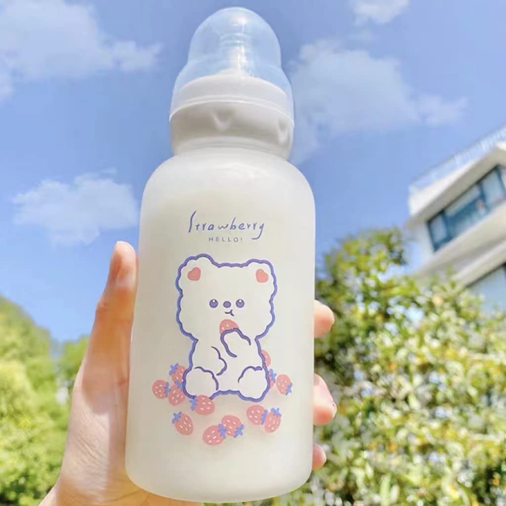 Strawberry Bear Glass Water Bottle with Sippy Lid - 11oz Kawaii Cute Frosted Borosilicate Drinking Bottle for Adults, School, Office & Sports | Portable Water Jug for Workouts, Hiking & Daily Hydration
