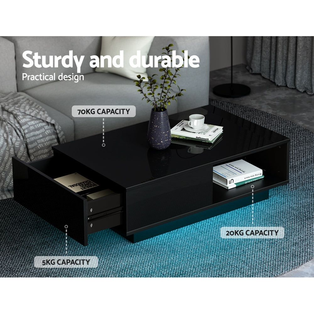 Artiss Modern Coffee Table with LED Lights - Black Glass Top End Table for Living Room, Bedroom, or Office Decor