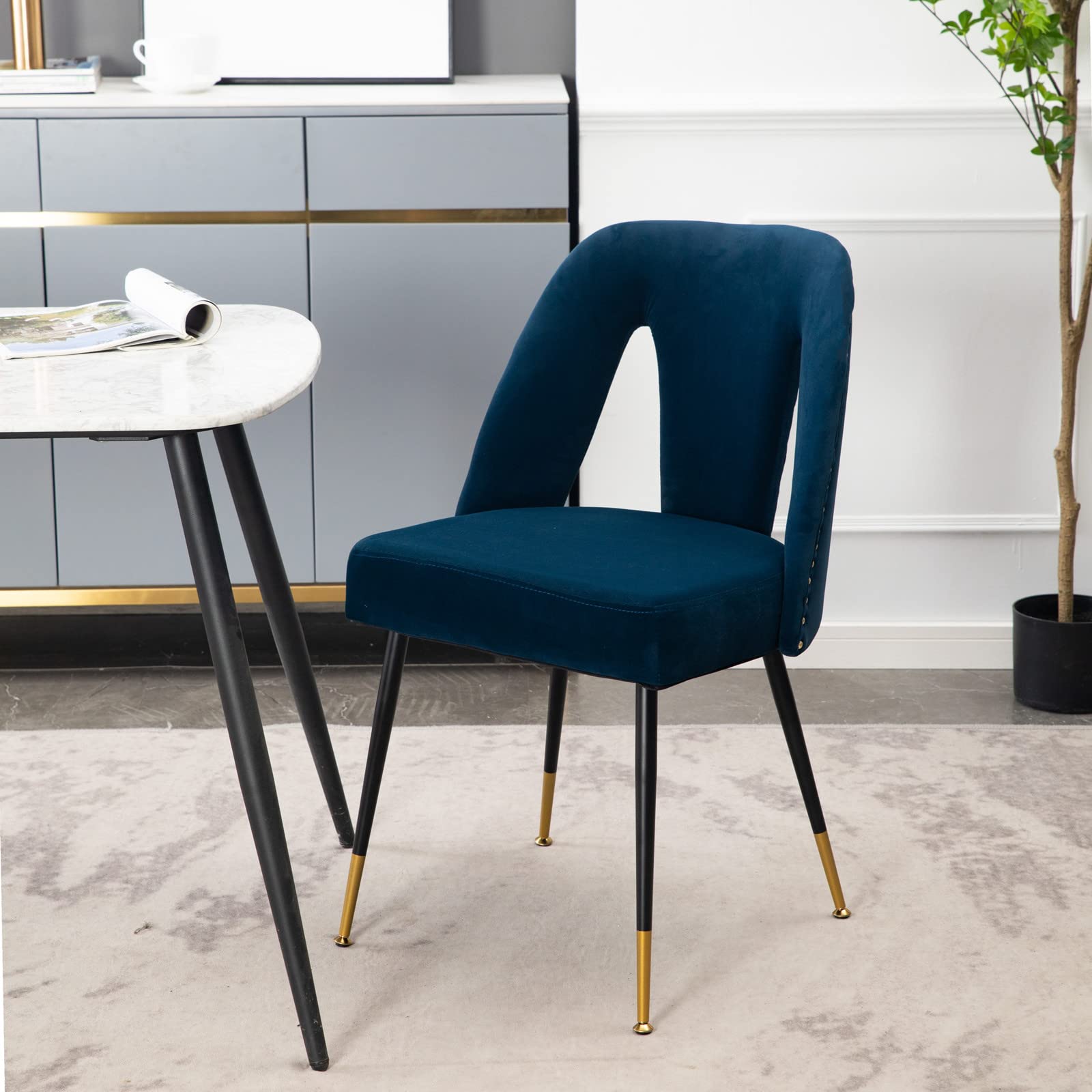 Melpomene Modern Velvet Dining Chair - Upholstered with Nailhead Trim & Gold-Tipped Black Metal Legs - Elegant Accent Chair for Dining Room, Office, Bedroom or Living Room Decor (Blue, Single Chair) - Perfect for Home Staging, Dinner Parties & Cozy Reading Nooks
