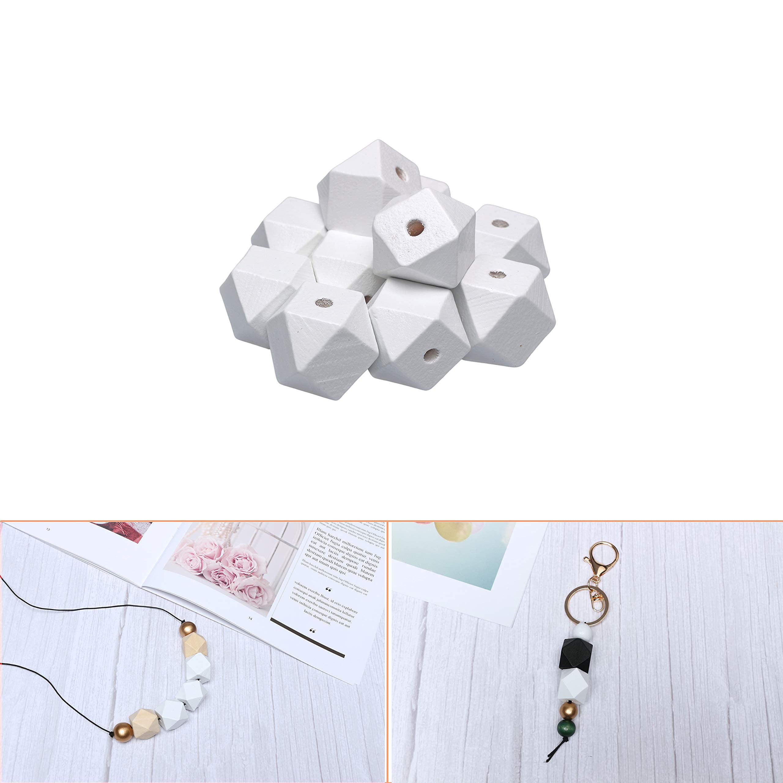 20mm White Wooden Geometric Beads with 4mm Hole - 30pcs Spacer Beads for Macrame, Jewelry Making, Bead Garland & Farmhouse Decor - DIY Craft Supplies for Necklaces, Bracelets, Home Decoration and Wedding Party Decor