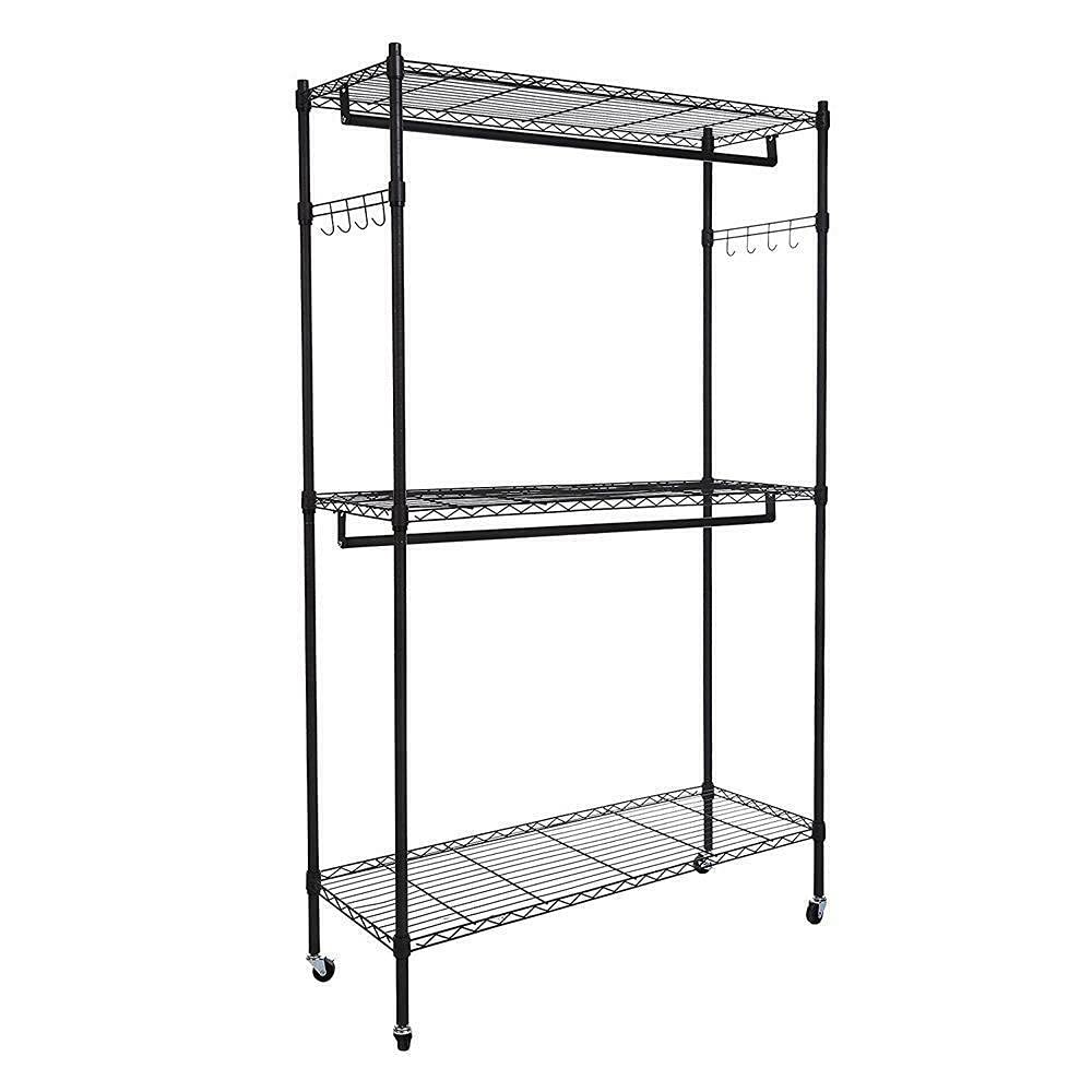 2-Tier Metal Closet Organizer & Garment Rack with Hooks - Space-Saving Clothes Storage Shelf for Bedroom, Closet or Laundry Room - Perfect for Hanging Coats, Drying Clothes & Organizing Shoes (Black)