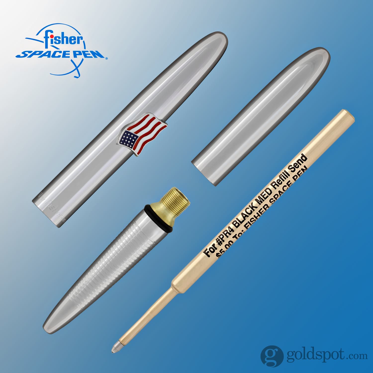 Fisher Space Pen Bullet Ballpoint Pen - Chrome Finish with American Flag Emblem - Compact & Refillable for Everyday Carry, Travel, and Outdoor Adventures