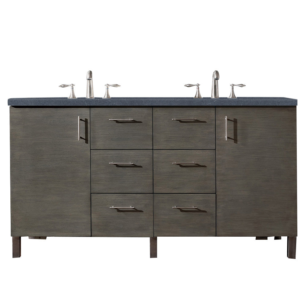 Metropolitan 60 Inch Double Bathroom Vanity in Silver Oak with 3CM Charcoal Soapstone Quartz Countertop - Perfect for Modern Master Bathrooms and Luxurious Home Renovations