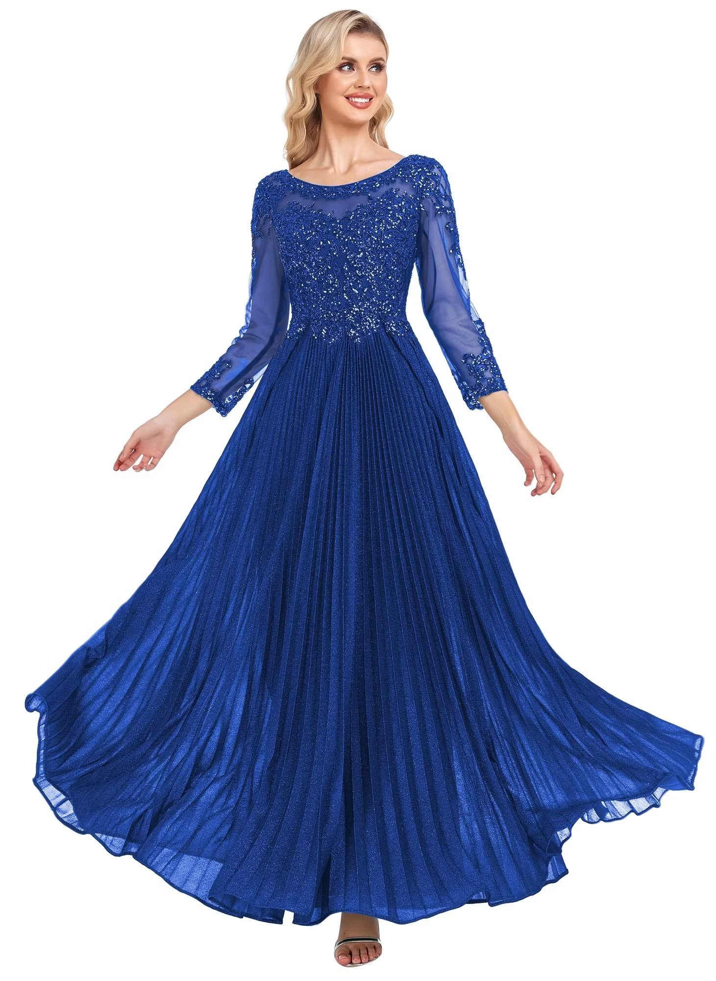 Elegant Royal Blue Lace Appliques Mother of The Bride Dress with Sequin Sleeves - Formal Evening Gown Size 8 for Weddings, Parties & Special Occasions