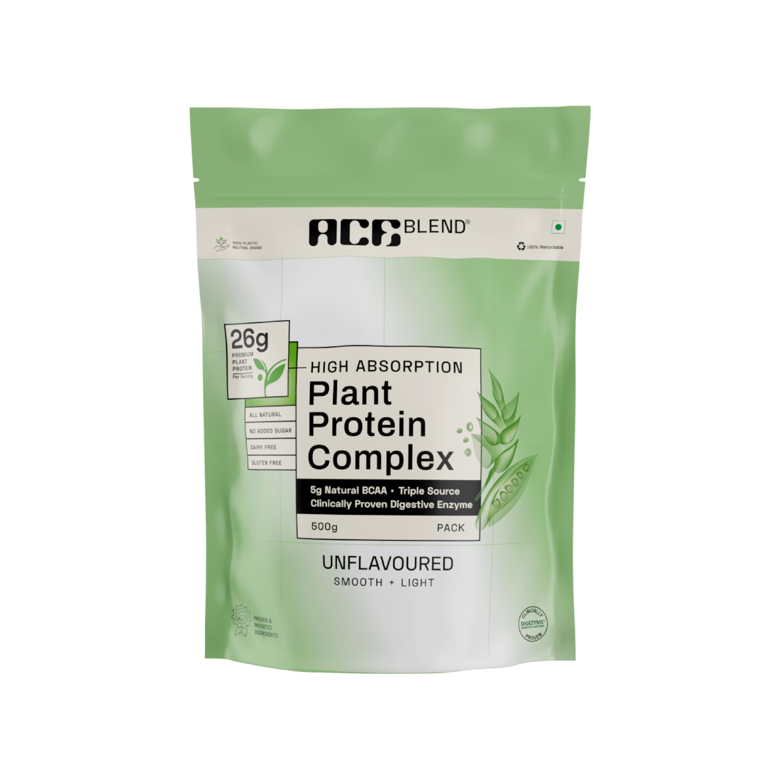 Ace Blend Plant Protein Complex - 26G Protein Per Serving | Unflavored Vegan Protein Powder with Golden-Split Pea, Canadian Brown Rice & Indian Lentil Protein | DigeZyme for Easy Digestion | 100% Gut Friendly | Perfect for Post-Workout Recovery & Smoothie Boosts